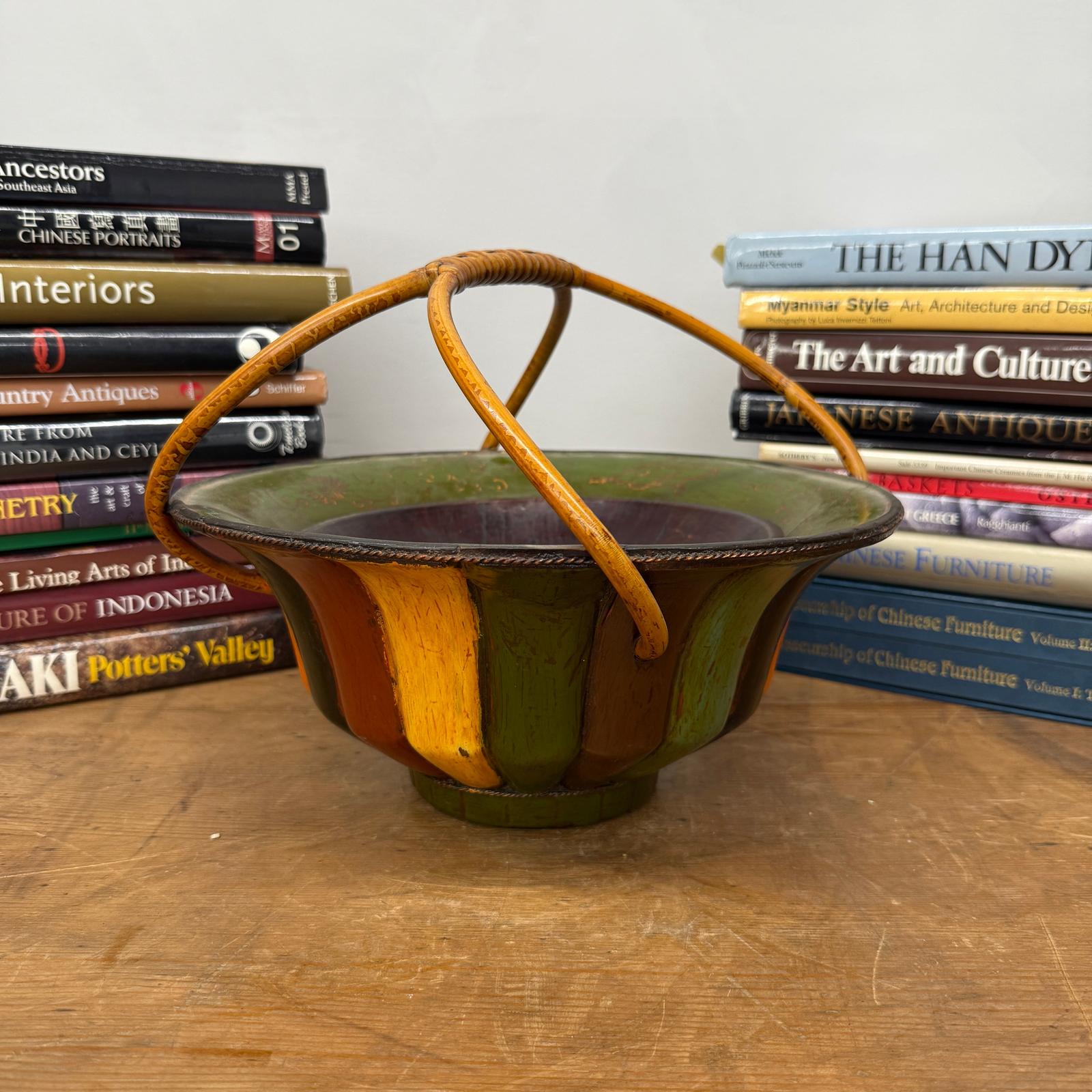 Brown, Green &amp; Yellow Polychrome Basket with Rattan Handle