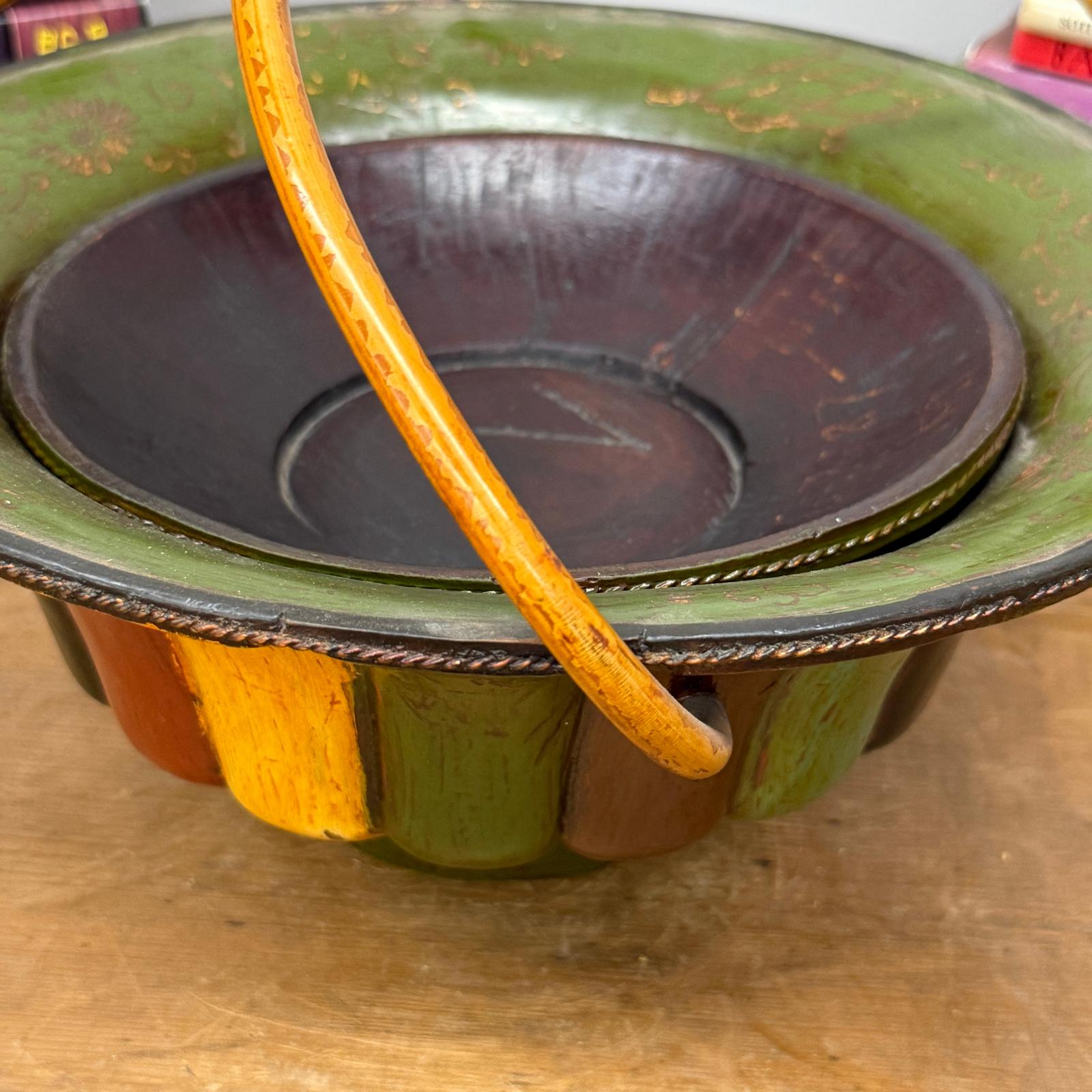 Brown, Green &amp; Yellow Polychrome Basket with Rattan Handle