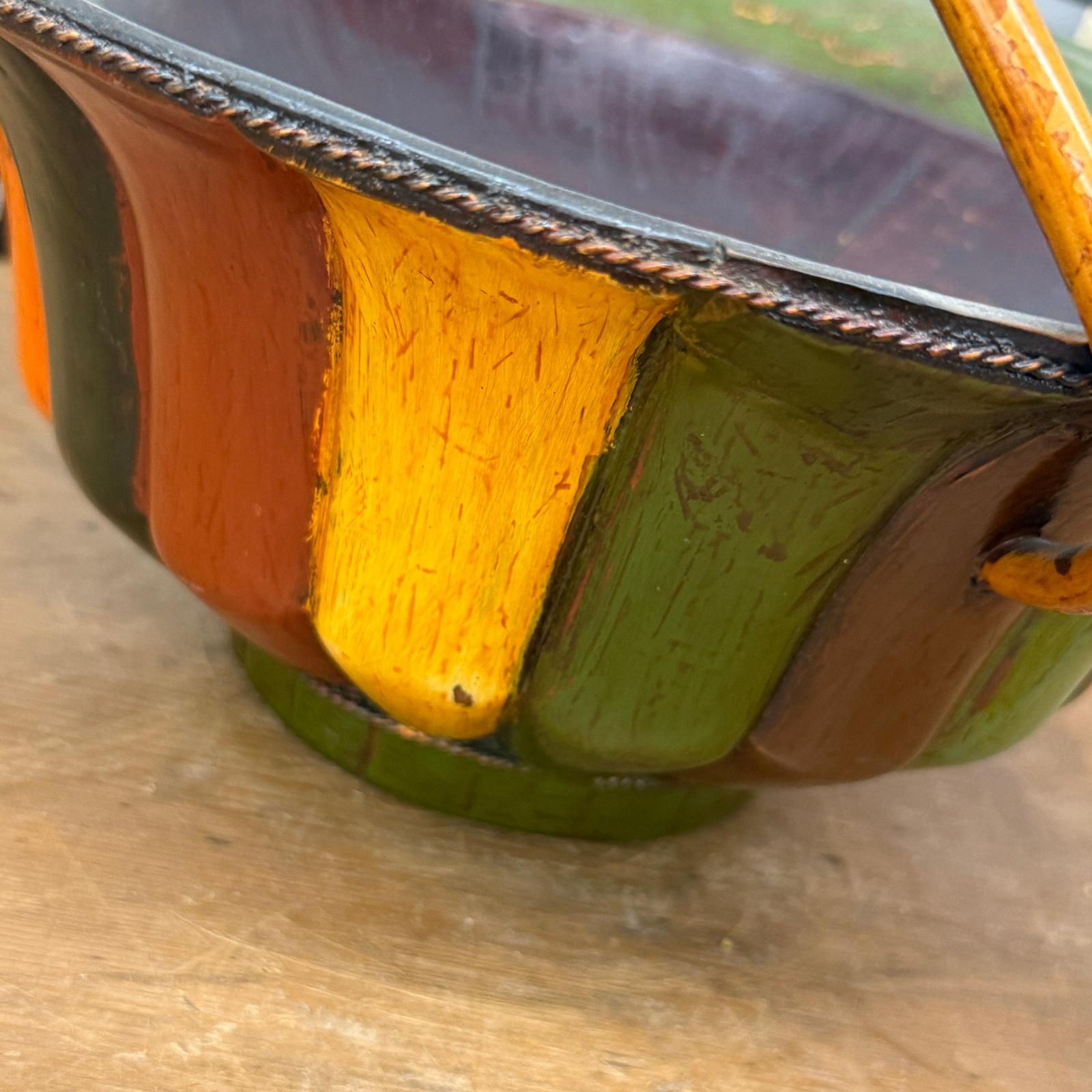 Brown, Green &amp; Yellow Polychrome Basket with Rattan Handle