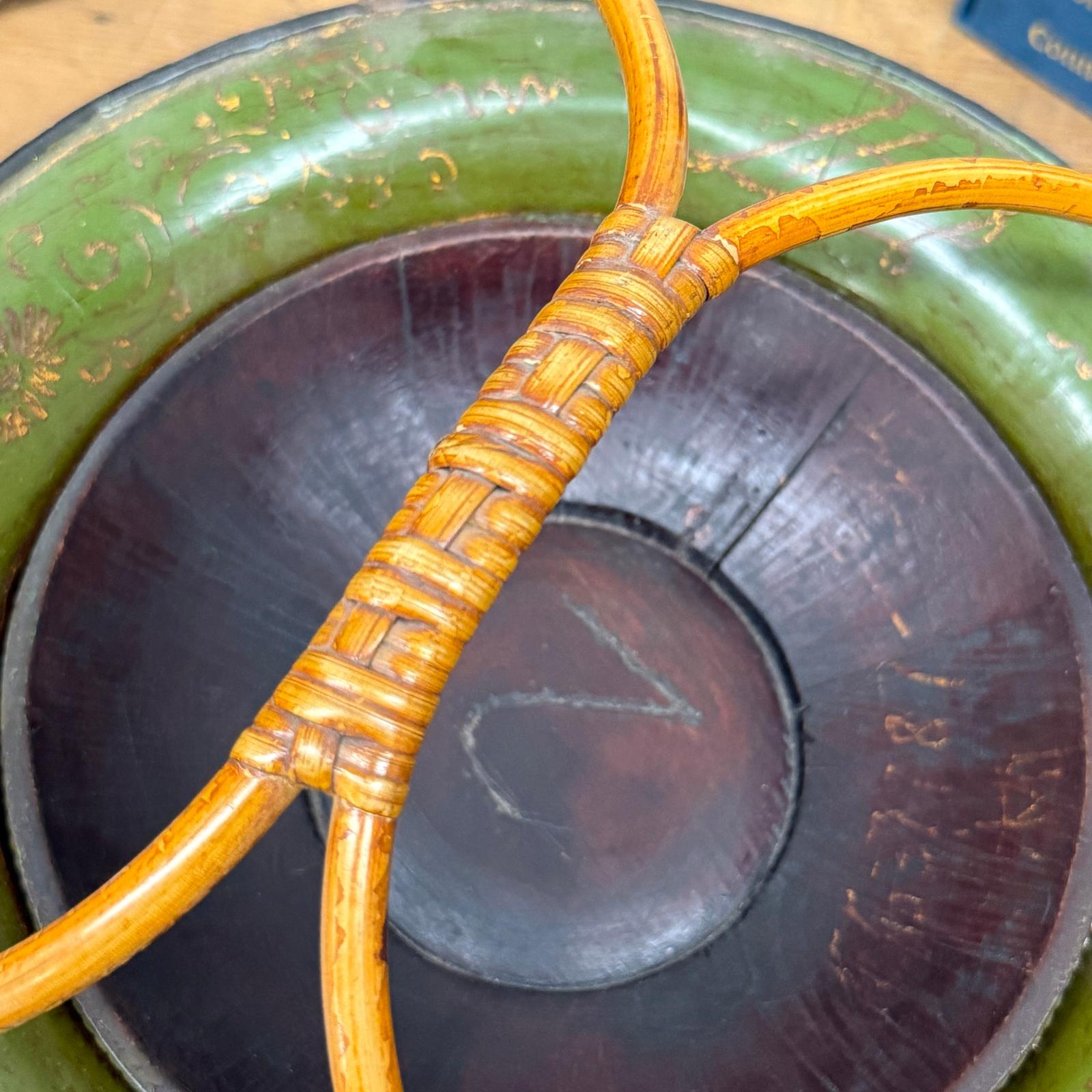 Brown, Green &amp; Yellow Polychrome Basket with Rattan Handle