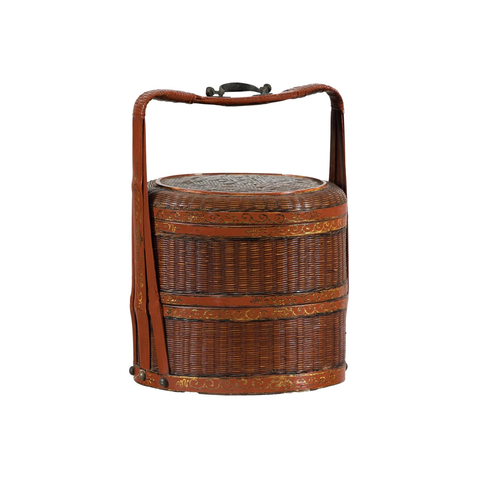 Brown Vintage Woven Carrying Box with Double-Handled