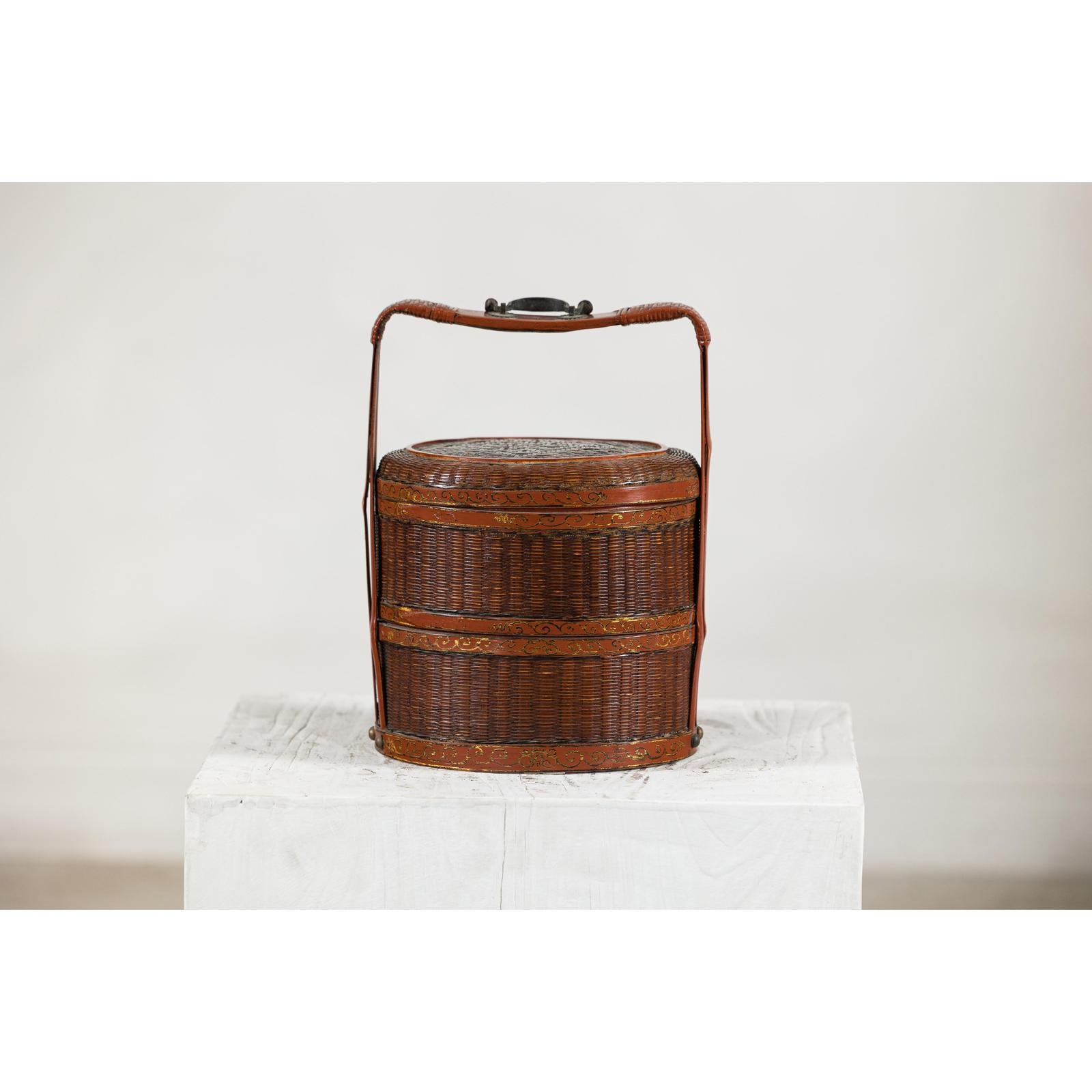 Brown Vintage Woven Carrying Box with Double-Handled