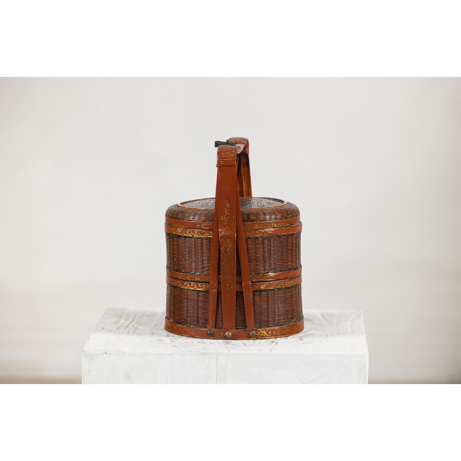 Brown Vintage Woven Carrying Box with Double-Handled