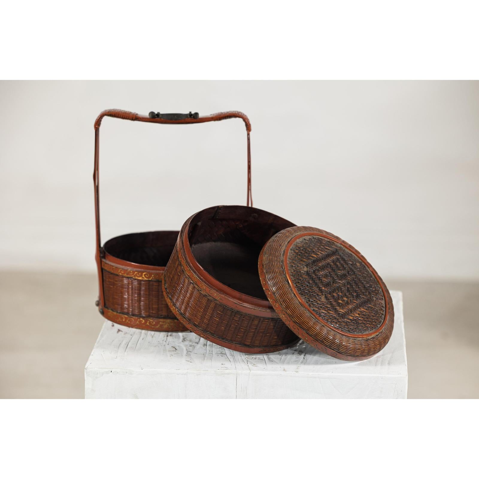 Brown Vintage Woven Carrying Box with Double-Handled
