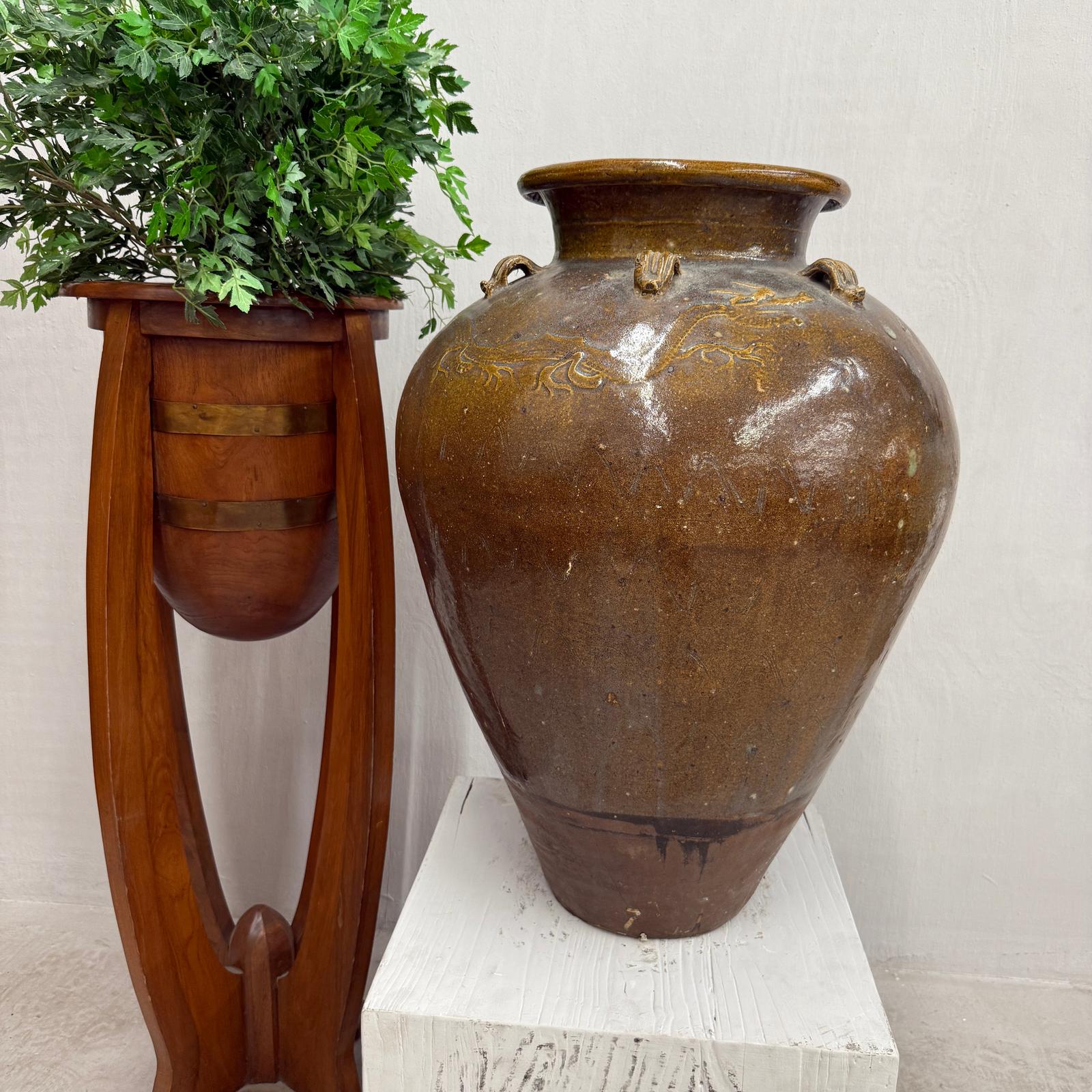 Brown Yellow Storage Water Jar Vessel with Small Handles - FEA Home