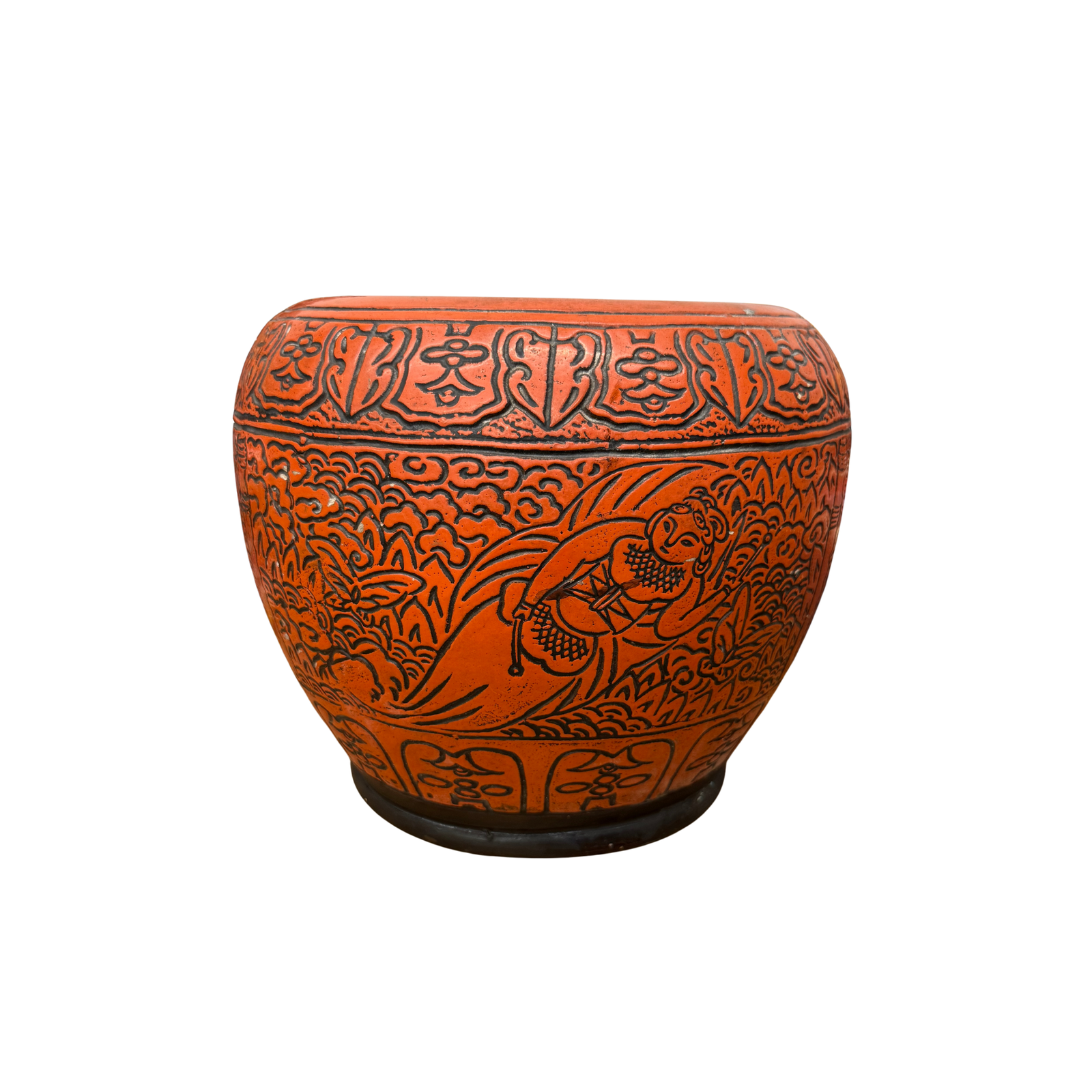 Burnt Orange Cinnabar Hibachi with Hand-Carved Designs - FEA Home