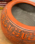 Burnt Orange Cinnabar Hibachi with Hand-Carved Designs - FEA Home