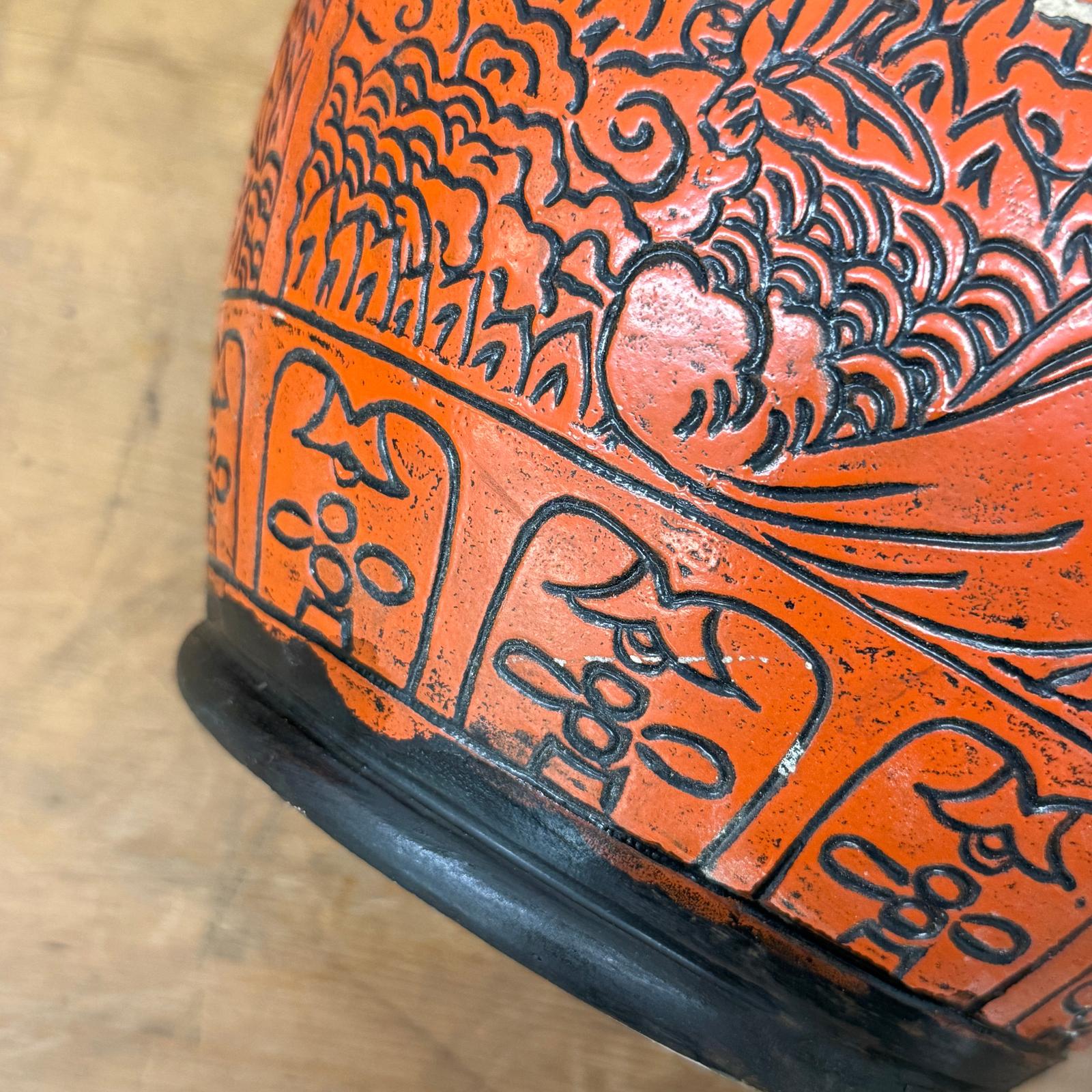 Burnt Orange Cinnabar Hibachi with Hand-Carved Designs - FEA Home