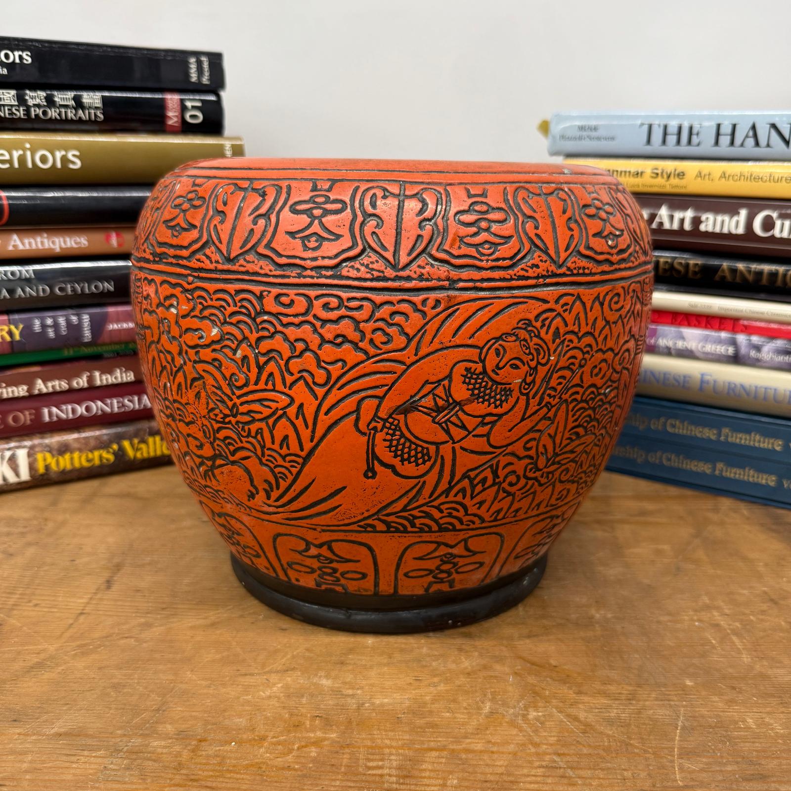 Burnt Orange Cinnabar Hibachi with Hand-Carved Designs - FEA Home