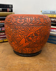 Burnt Orange Cinnabar Hibachi with Hand-Carved Designs - FEA Home