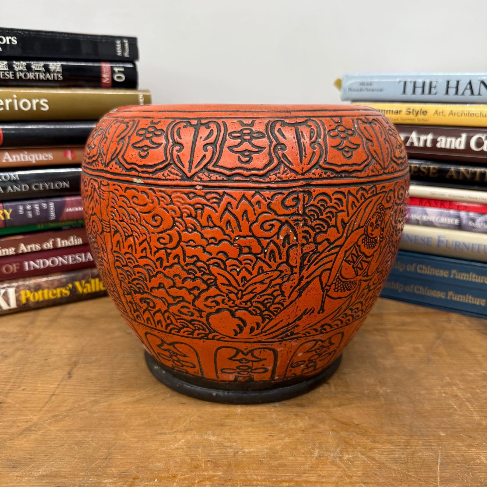 Burnt Orange Cinnabar Hibachi with Hand-Carved Designs - FEA Home