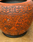 Burnt Orange Cinnabar Hibachi with Hand-Carved Designs - FEA Home