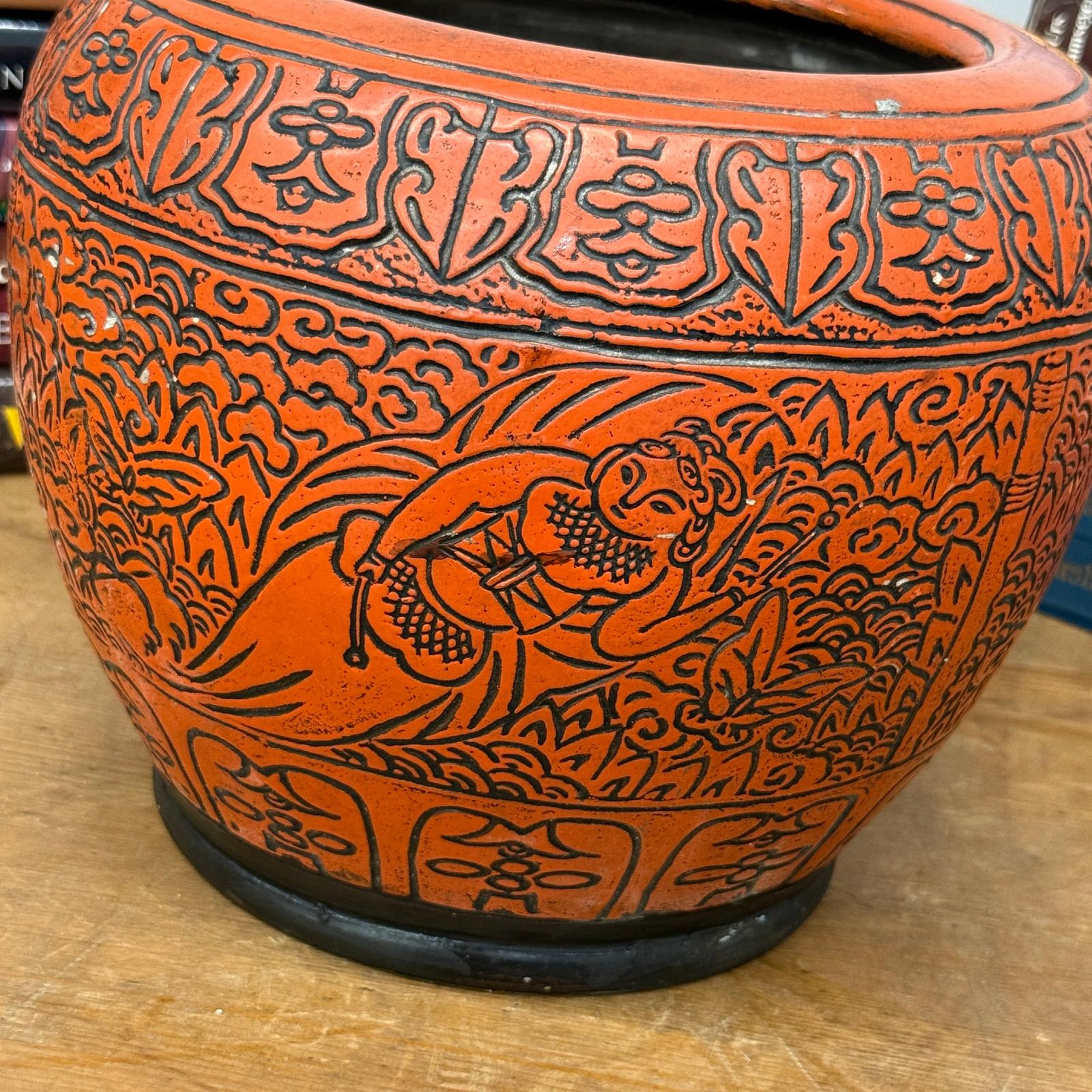 Burnt Orange Cinnabar Hibachi with Hand-Carved Designs - FEA Home