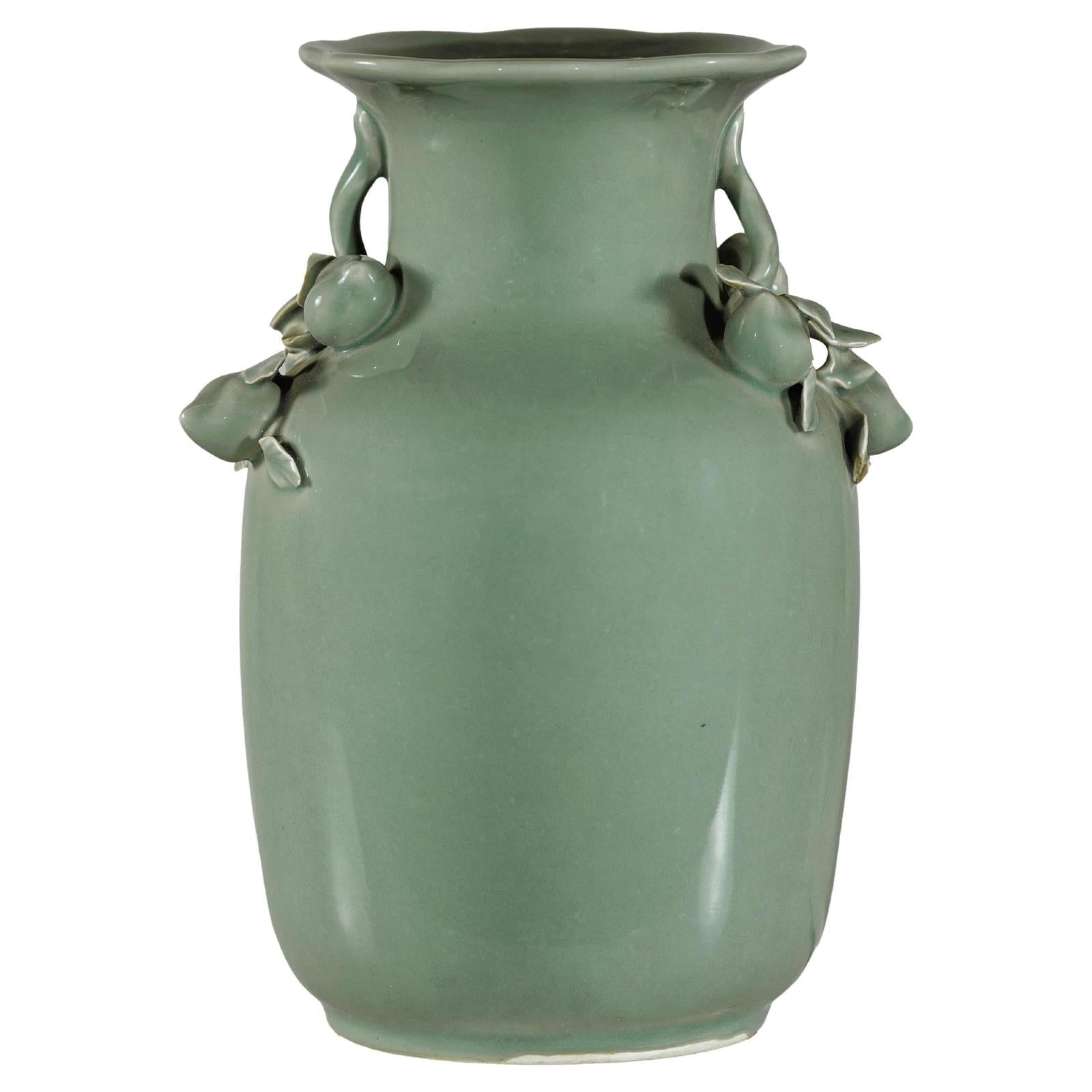 Celadon Glazed Vase with Applied Fruit and Foliate Decoration, Scalloped Rim-1. Asian & Chinese Furniture, Art, Antiques, Vintage Home Décor for sale at FEA Home