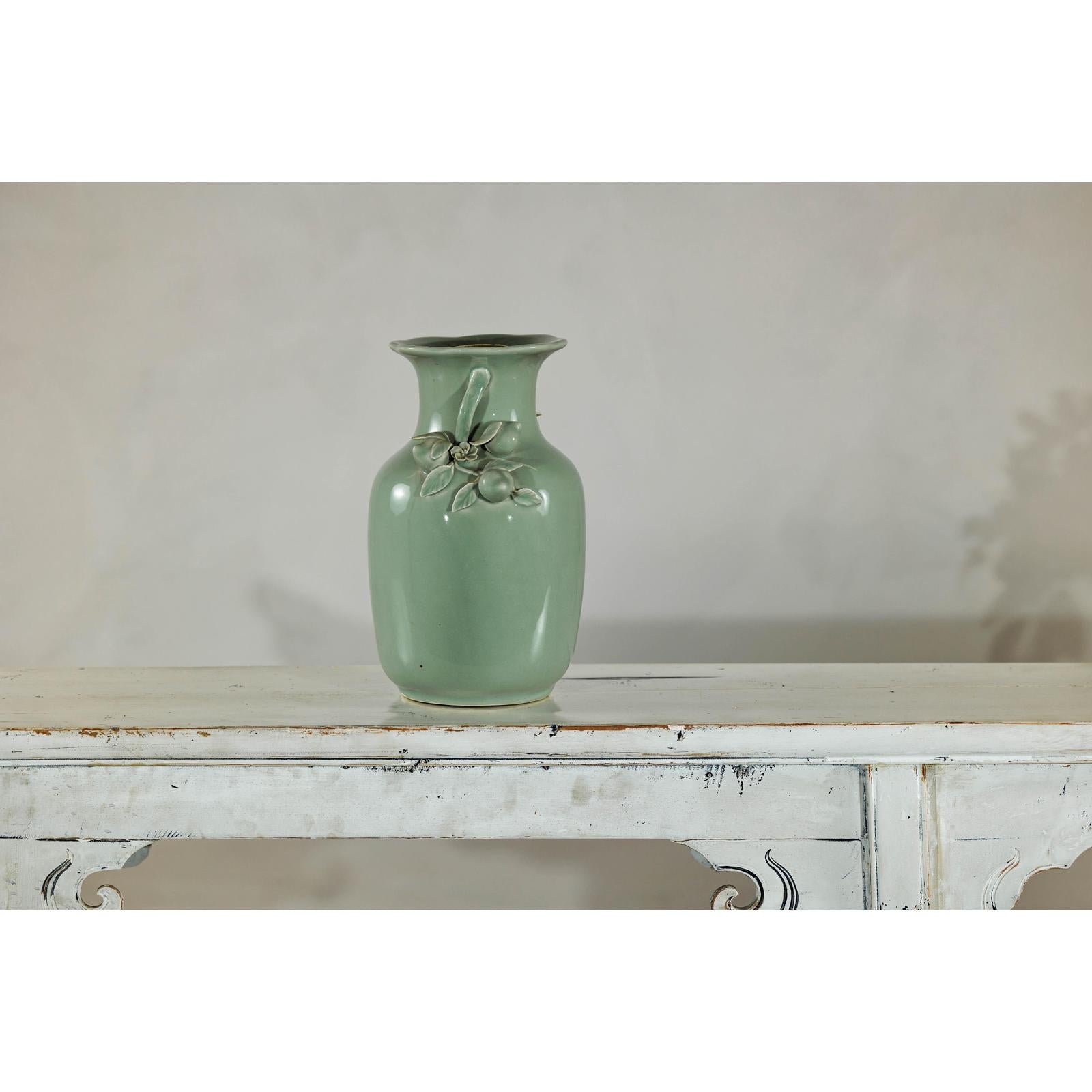 Celadon Glazed Vase with Applied Fruit and Foliate Decoration, Scalloped Rim-10. Asian &amp; Chinese Furniture, Art, Antiques, Vintage Home Décor for sale at FEA Home