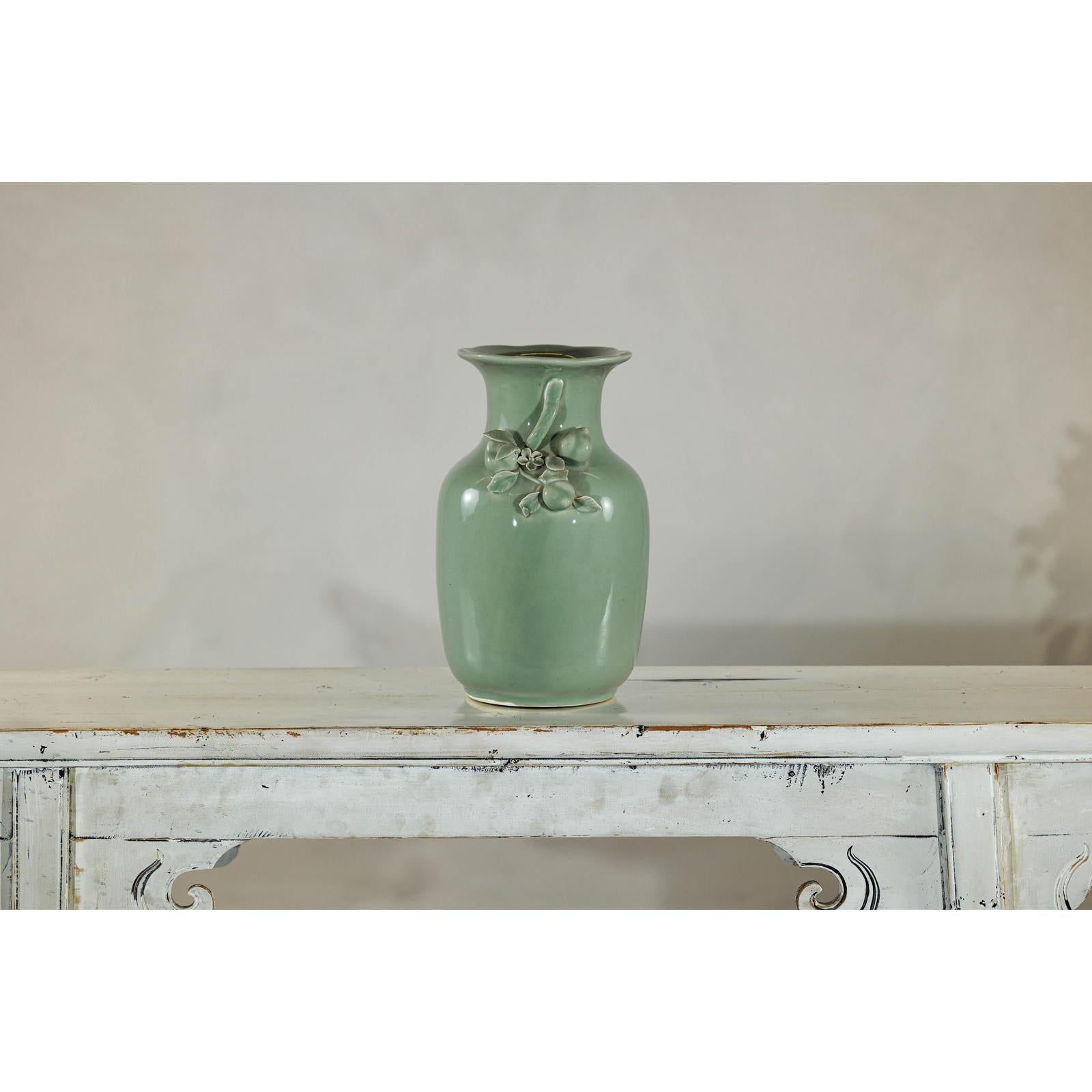 Celadon Glazed Vase with Applied Fruit and Foliate Decoration, Scalloped Rim-12. Asian &amp; Chinese Furniture, Art, Antiques, Vintage Home Décor for sale at FEA Home