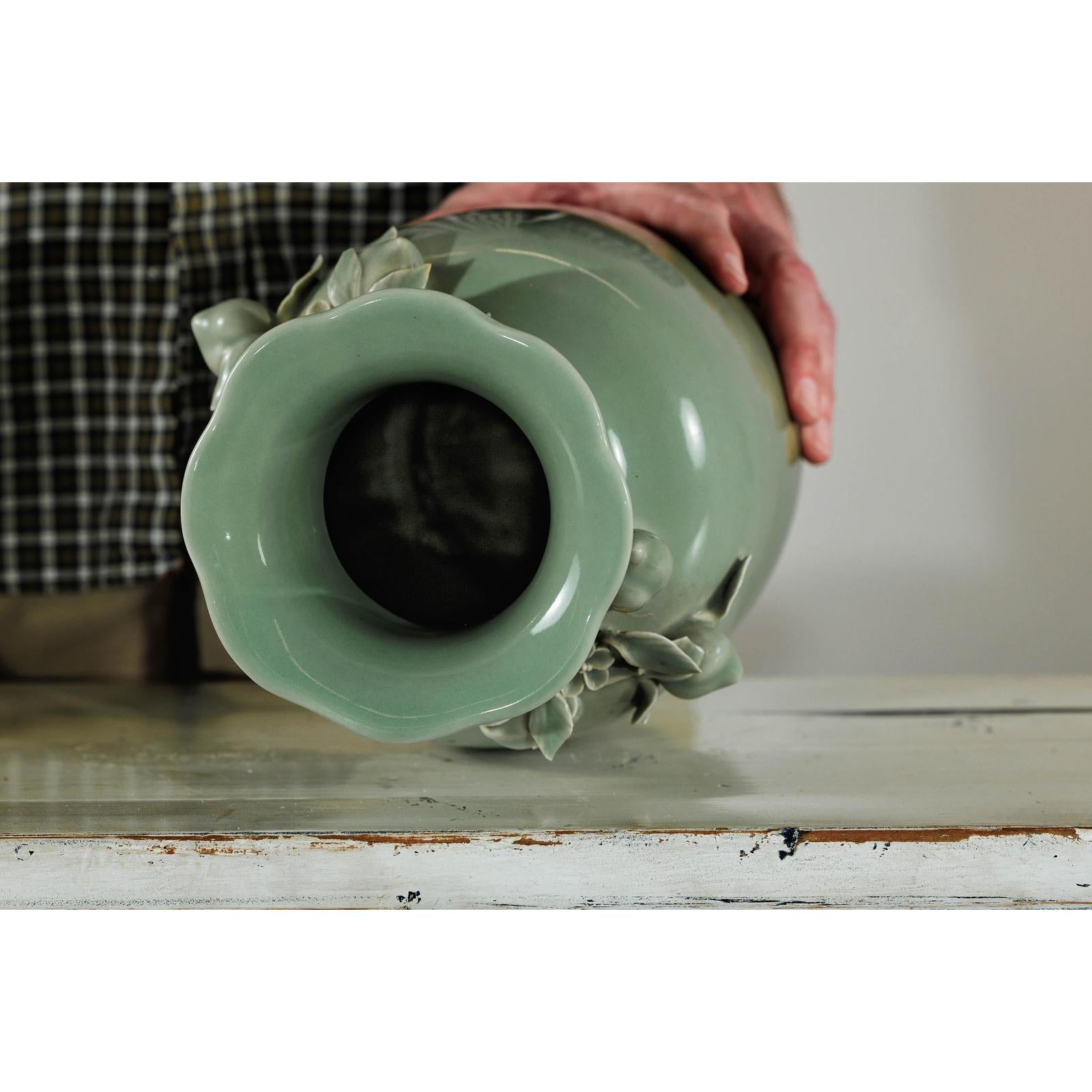 Celadon Glazed Vase with Applied Fruit and Foliate Decoration, Scalloped Rim-14. Asian &amp; Chinese Furniture, Art, Antiques, Vintage Home Décor for sale at FEA Home