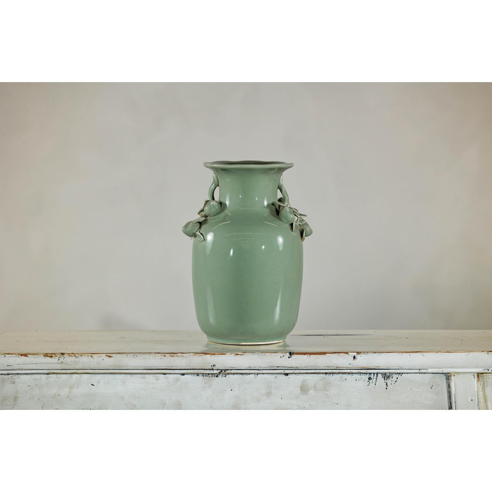 Celadon Glazed Vase with Applied Fruit and Foliate Decoration, Scalloped Rim-2. Asian & Chinese Furniture, Art, Antiques, Vintage Home Décor for sale at FEA Home