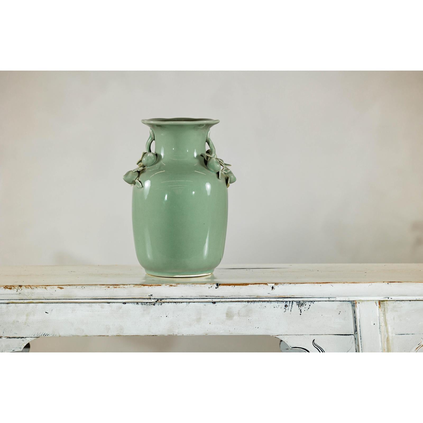 Celadon Glazed Vase with Applied Fruit and Foliate Decoration, Scalloped Rim-5. Asian &amp; Chinese Furniture, Art, Antiques, Vintage Home Décor for sale at FEA Home