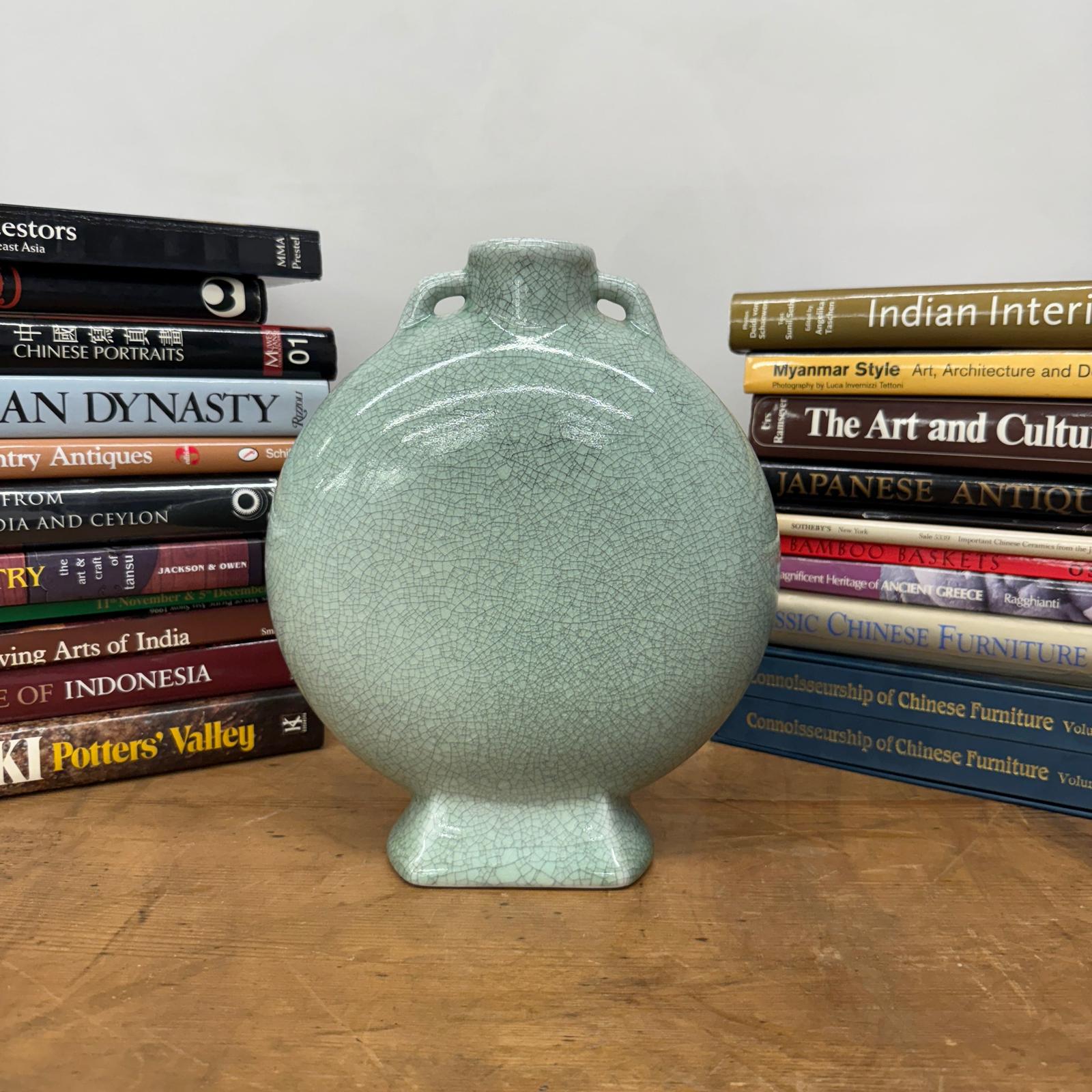 Celedon Green Crackle Glazed Ceramic Vase with Small Handles - FEA Home