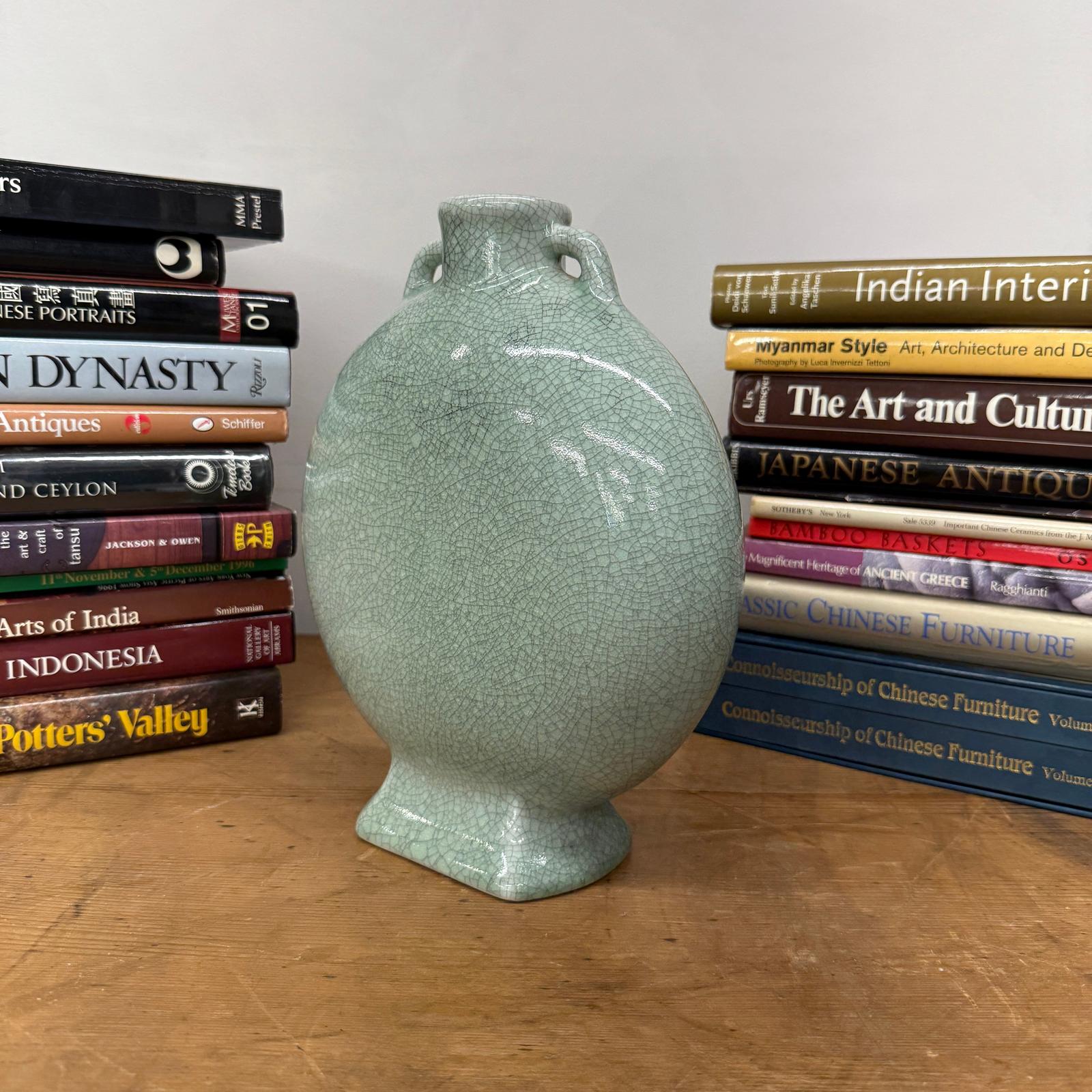 Celedon Green Crackle Glazed Ceramic Vase with Small Handles - FEA Home