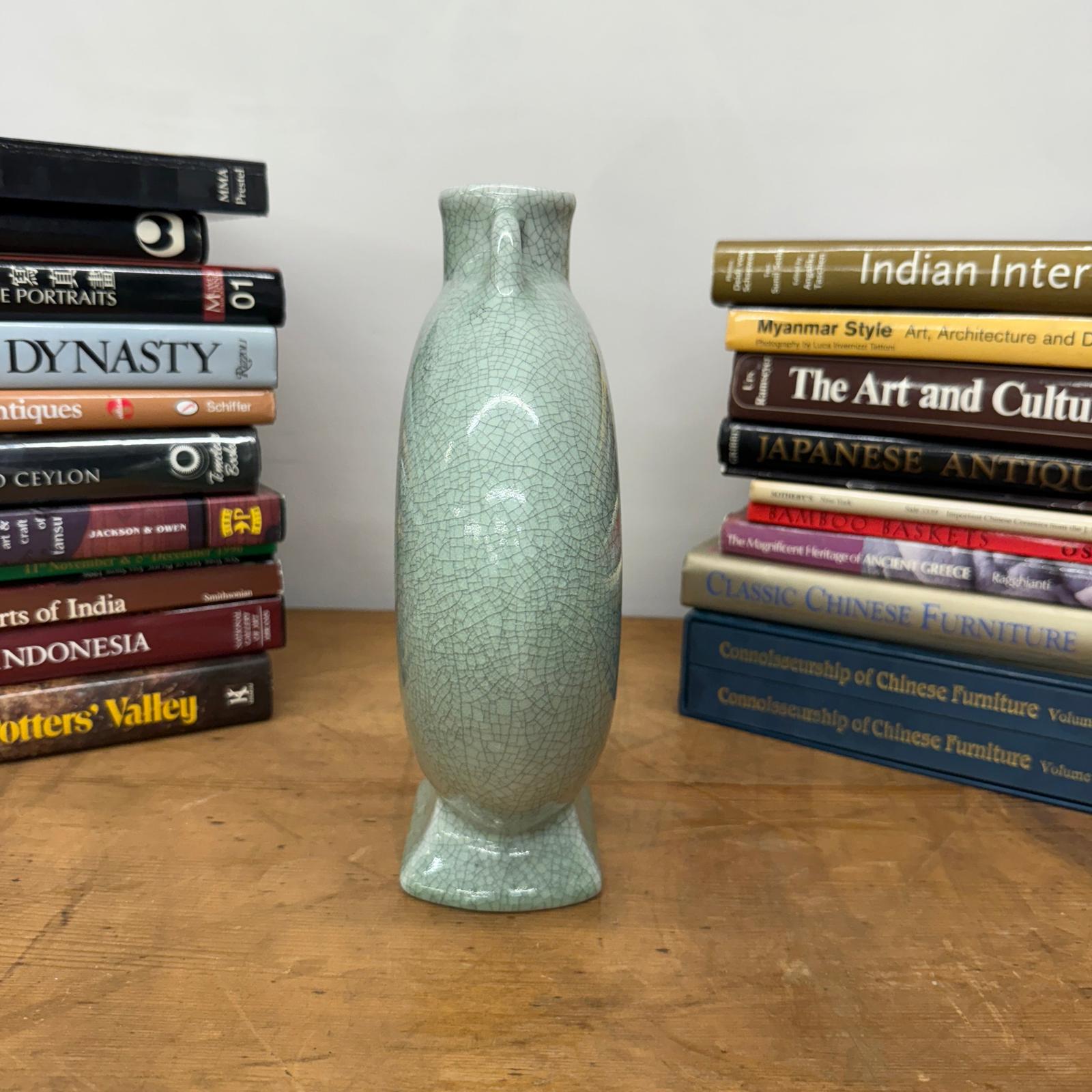 Celedon Green Crackle Glazed Ceramic Vase with Small Handles - FEA Home