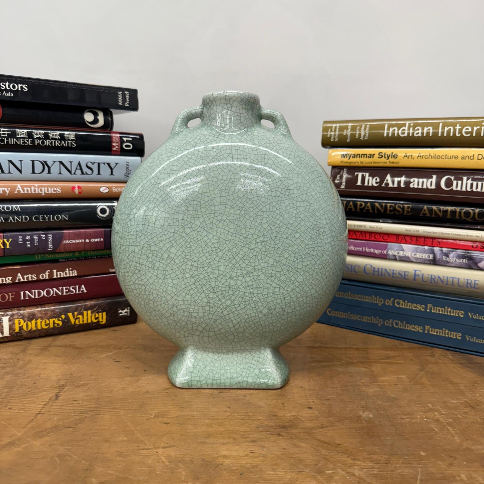 Celedon Green Crackle Glazed Ceramic Vase with Small Handles - FEA Home