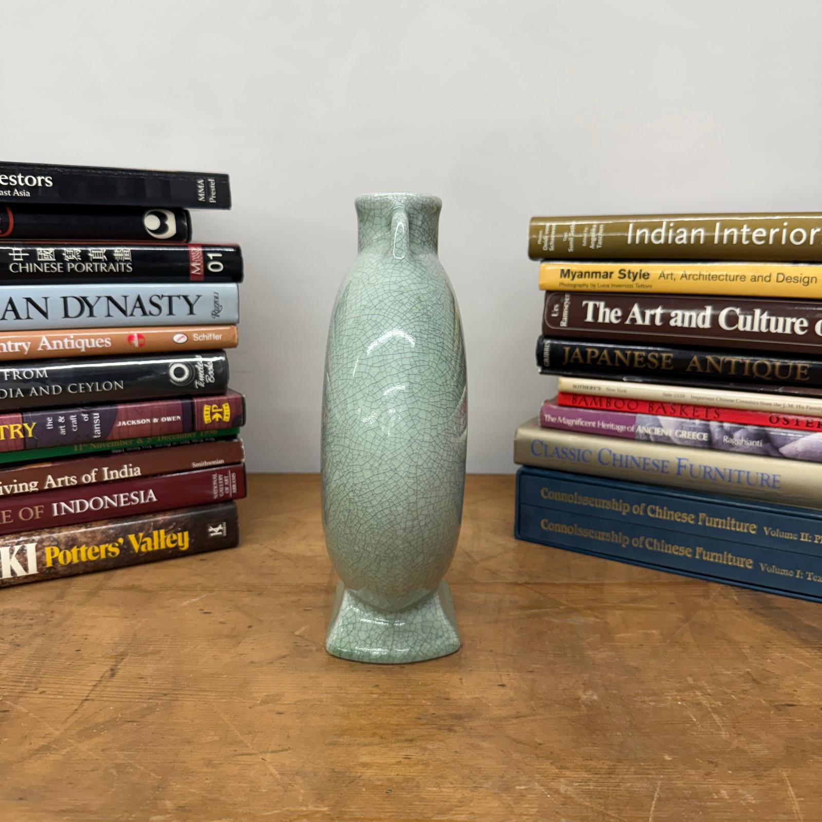 Celedon Green Crackle Glazed Ceramic Vase with Small Handles - FEA Home