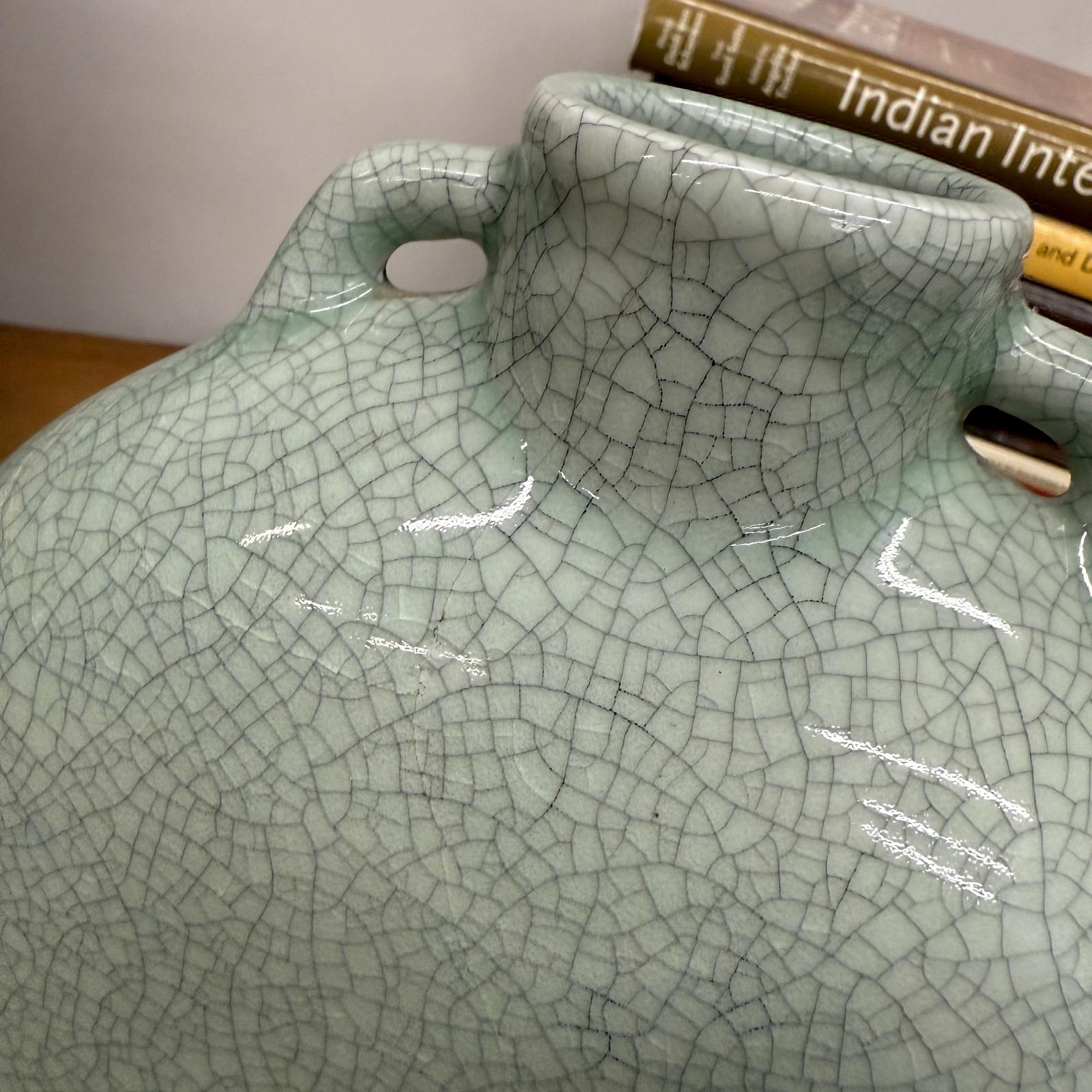 Celedon Green Crackle Glazed Ceramic Vase with Small Handles - FEA Home