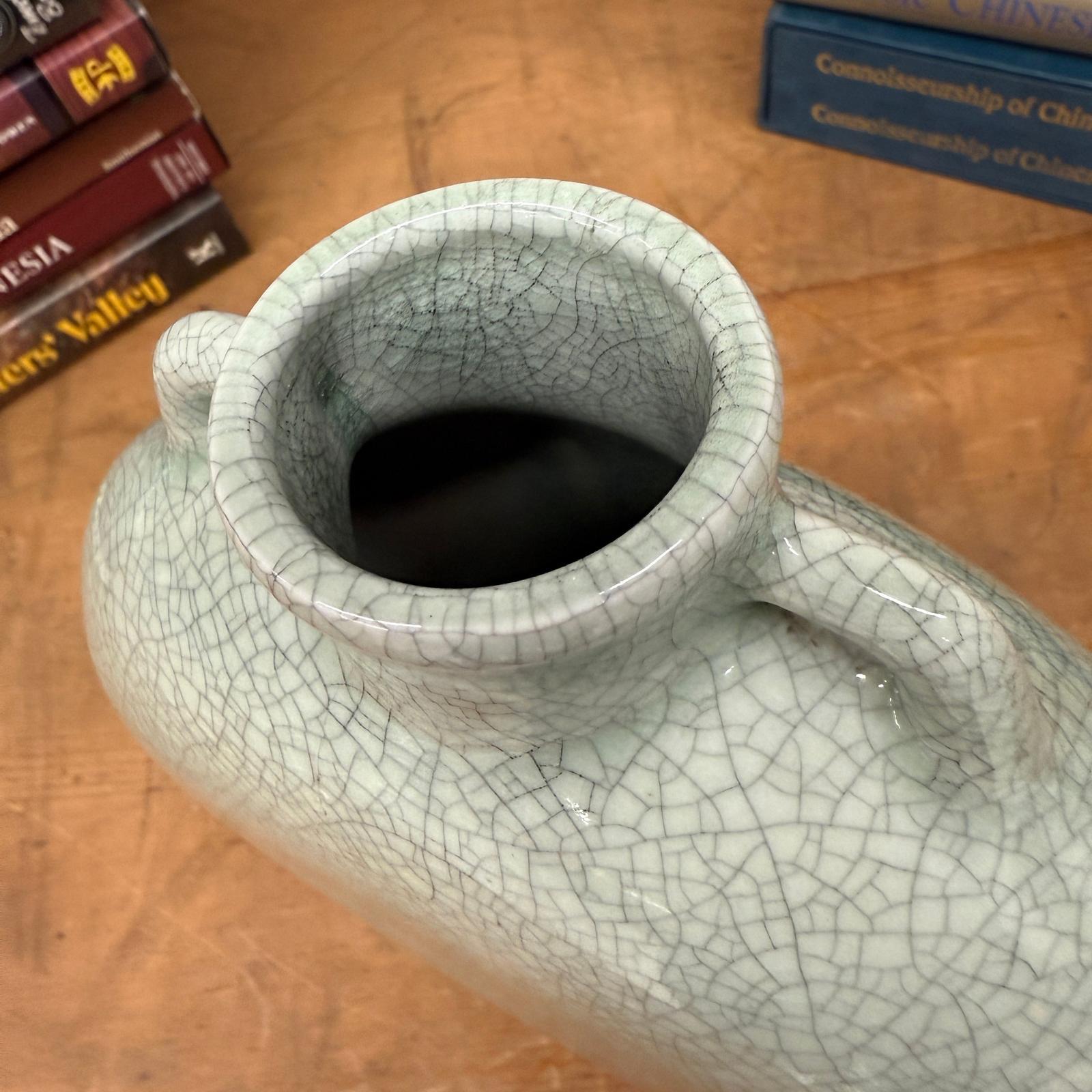 Celedon Green Crackle Glazed Ceramic Vase with Small Handles - FEA Home