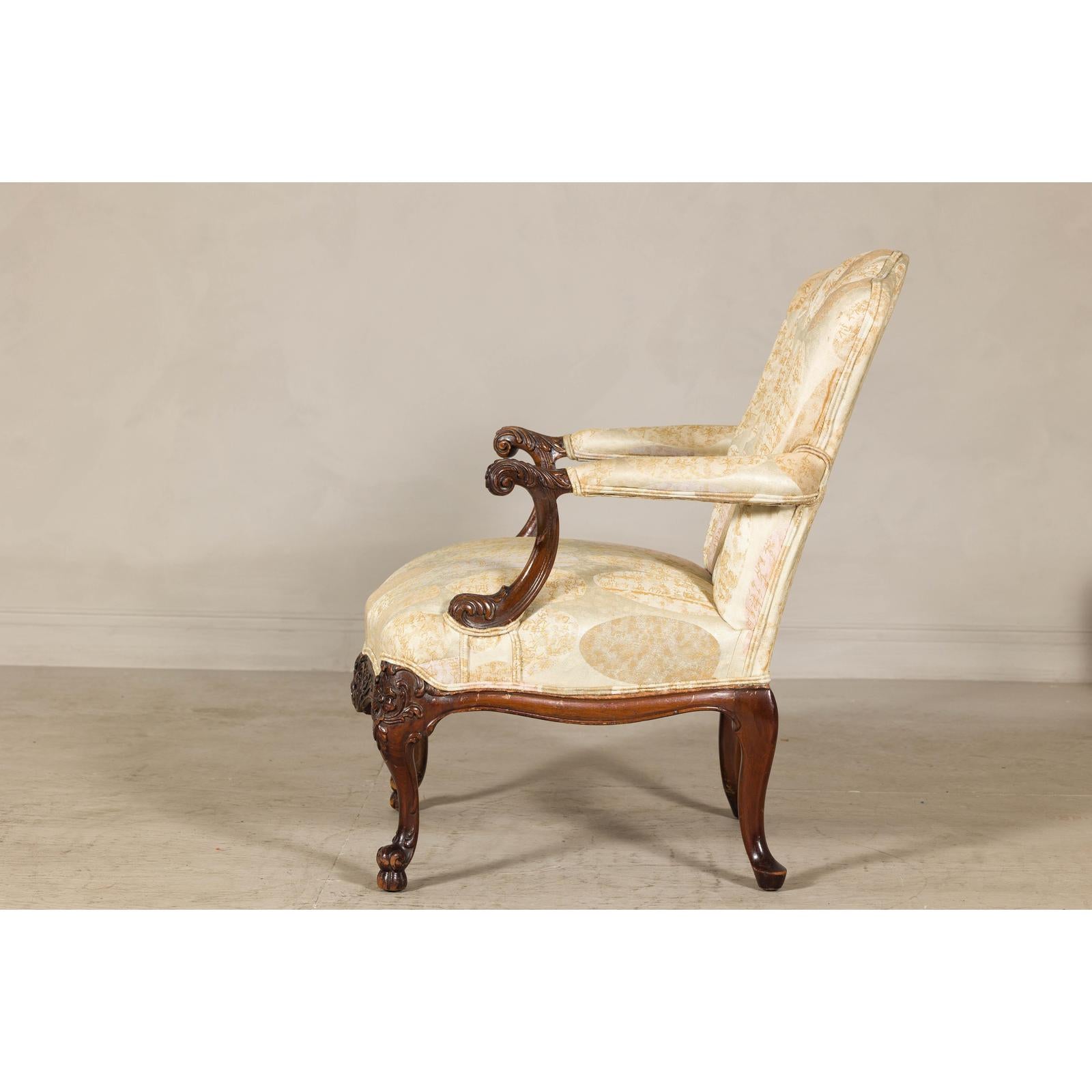 Channel-Tufted Armchair with Carved Frame and Calligraphy Motif Upholstery-11. Asian &amp; Chinese Furniture, Art, Antiques, Vintage Home Décor for sale at FEA Home