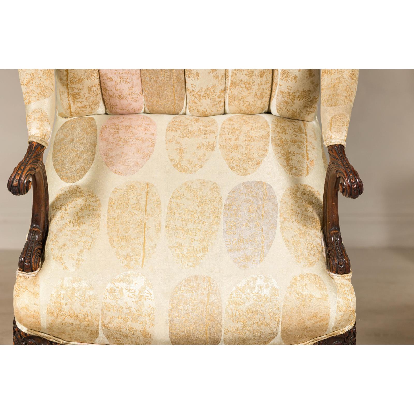 Channel-Tufted Armchair with Carved Frame and Calligraphy Motif Upholstery-13. Asian &amp; Chinese Furniture, Art, Antiques, Vintage Home Décor for sale at FEA Home