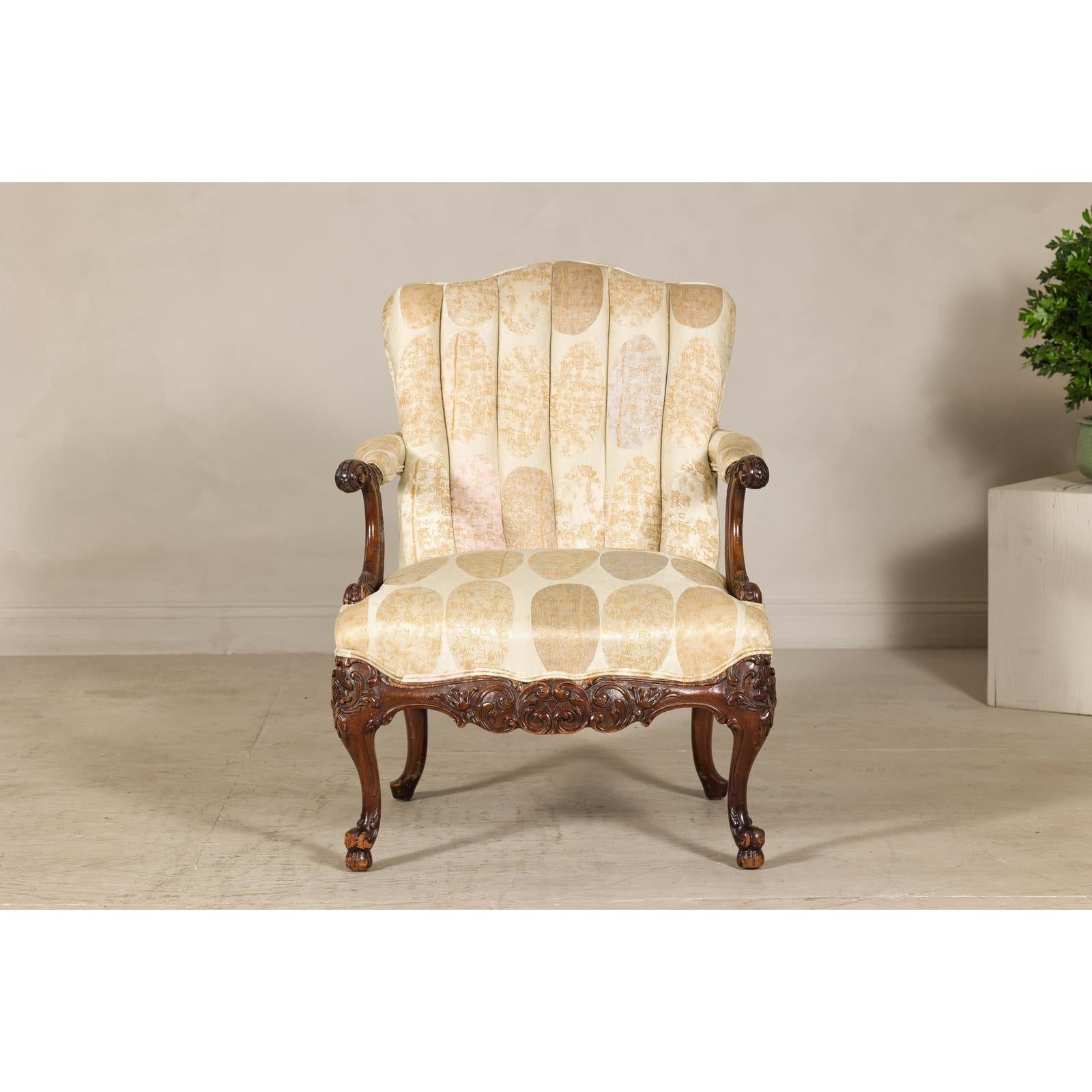 Channel-Tufted Armchair with Carved Frame and Calligraphy Motif Upholstery-14. Asian &amp; Chinese Furniture, Art, Antiques, Vintage Home Décor for sale at FEA Home