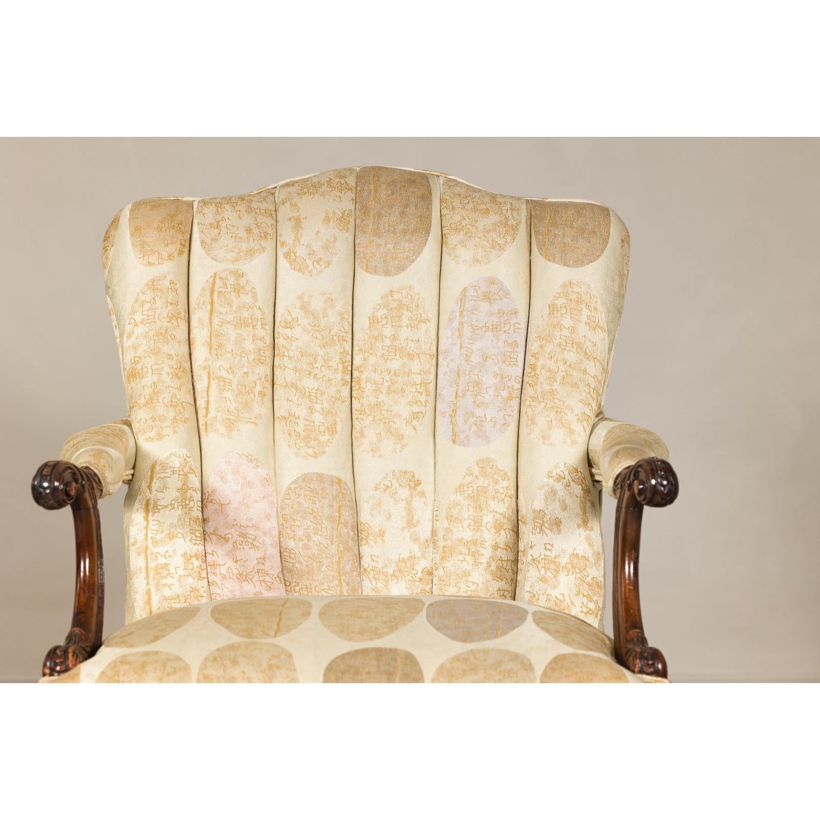 Channel-Tufted Armchair with Carved Frame and Calligraphy Motif Upholstery-3. Asian &amp; Chinese Furniture, Art, Antiques, Vintage Home Décor for sale at FEA Home