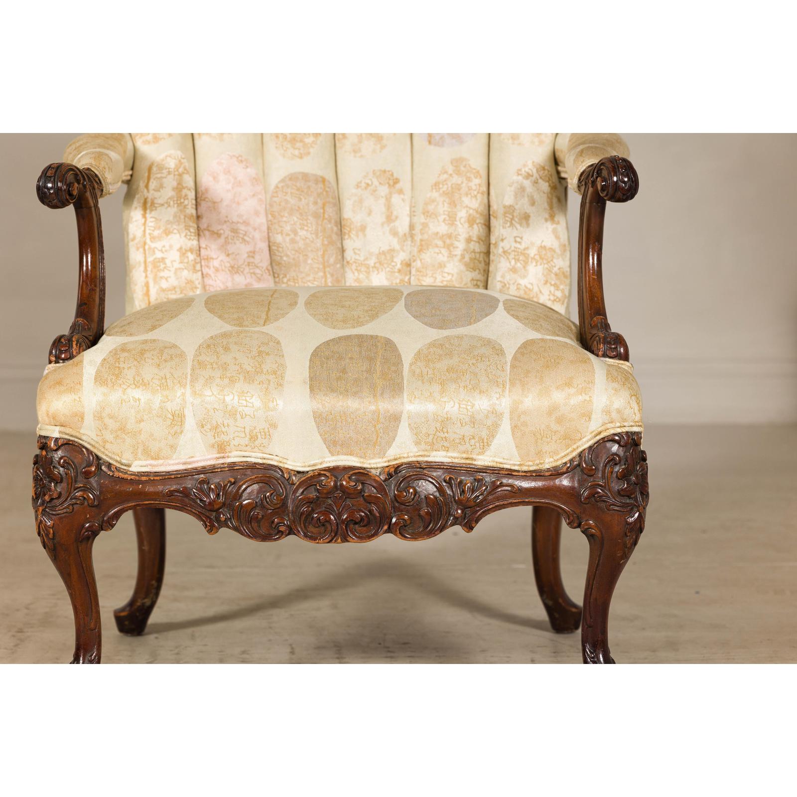 Channel-Tufted Armchair with Carved Frame and Calligraphy Motif Upholstery-4. Asian &amp; Chinese Furniture, Art, Antiques, Vintage Home Décor for sale at FEA Home