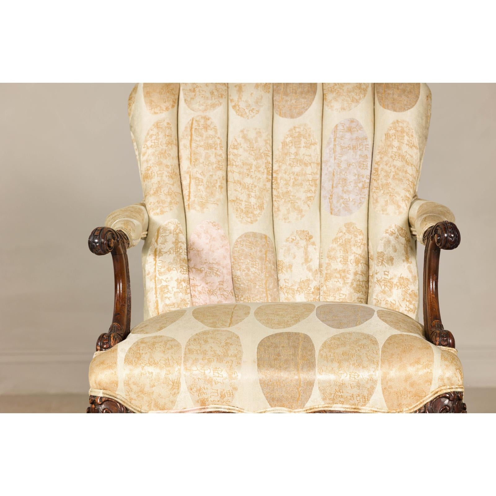 Channel-Tufted Armchair with Carved Frame and Calligraphy Motif Upholstery-5. Asian &amp; Chinese Furniture, Art, Antiques, Vintage Home Décor for sale at FEA Home