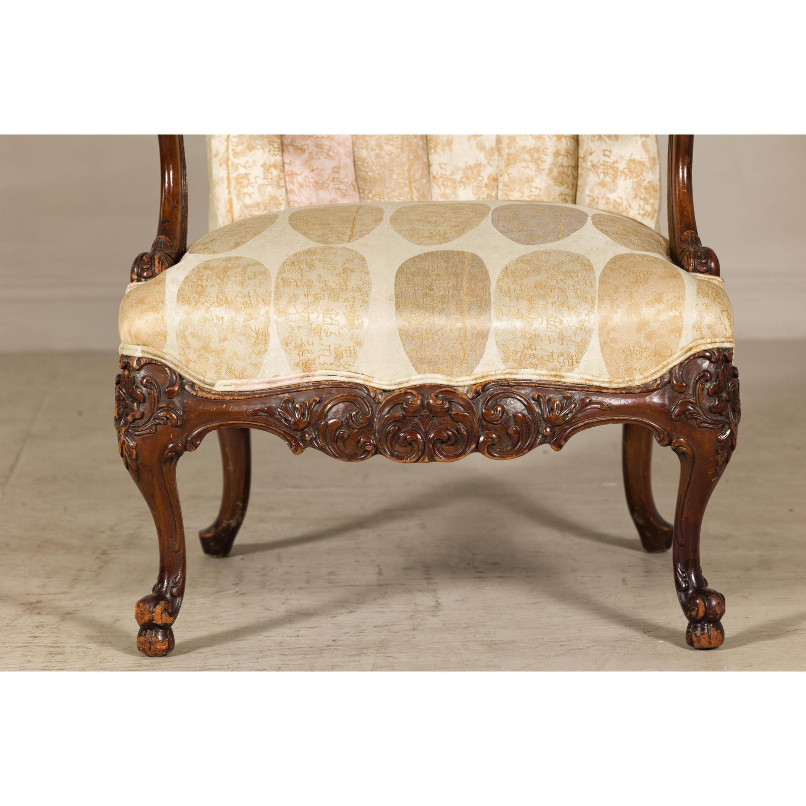 Channel-Tufted Armchair with Carved Frame and Calligraphy Motif Upholstery-6. Asian &amp; Chinese Furniture, Art, Antiques, Vintage Home Décor for sale at FEA Home