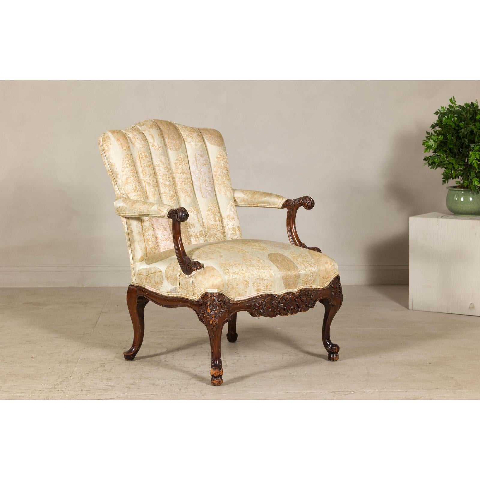 Channel-Tufted Armchair with Carved Frame and Calligraphy Motif Upholstery-7. Asian &amp; Chinese Furniture, Art, Antiques, Vintage Home Décor for sale at FEA Home