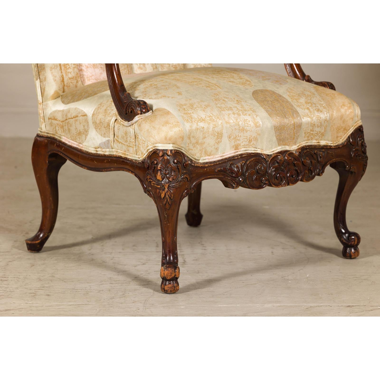 Channel-Tufted Armchair with Carved Frame and Calligraphy Motif Upholstery-8. Asian &amp; Chinese Furniture, Art, Antiques, Vintage Home Décor for sale at FEA Home