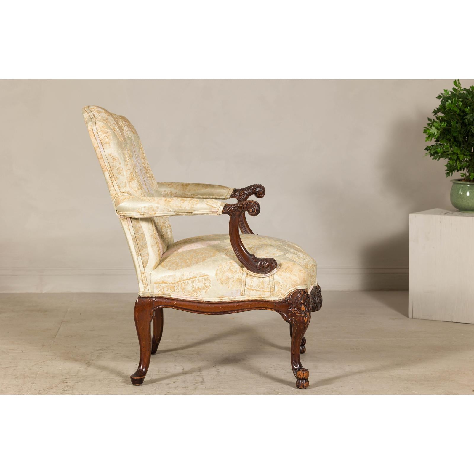 Channel-Tufted Armchair with Carved Frame and Calligraphy Motif Upholstery-9. Asian &amp; Chinese Furniture, Art, Antiques, Vintage Home Décor for sale at FEA Home