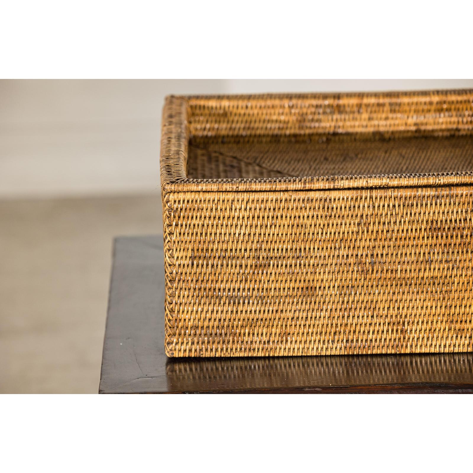 Country Style Long Rectangular Rattan Storage Box with Lid