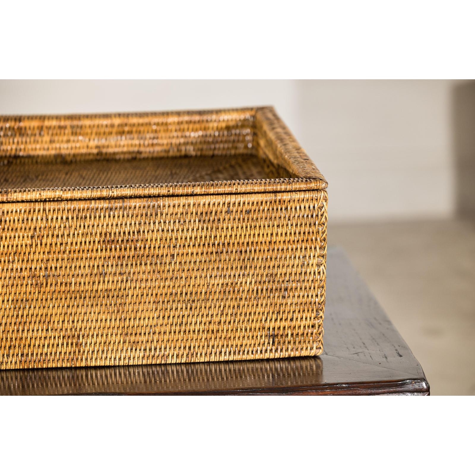 Country Style Long Rectangular Rattan Storage Box with Lid