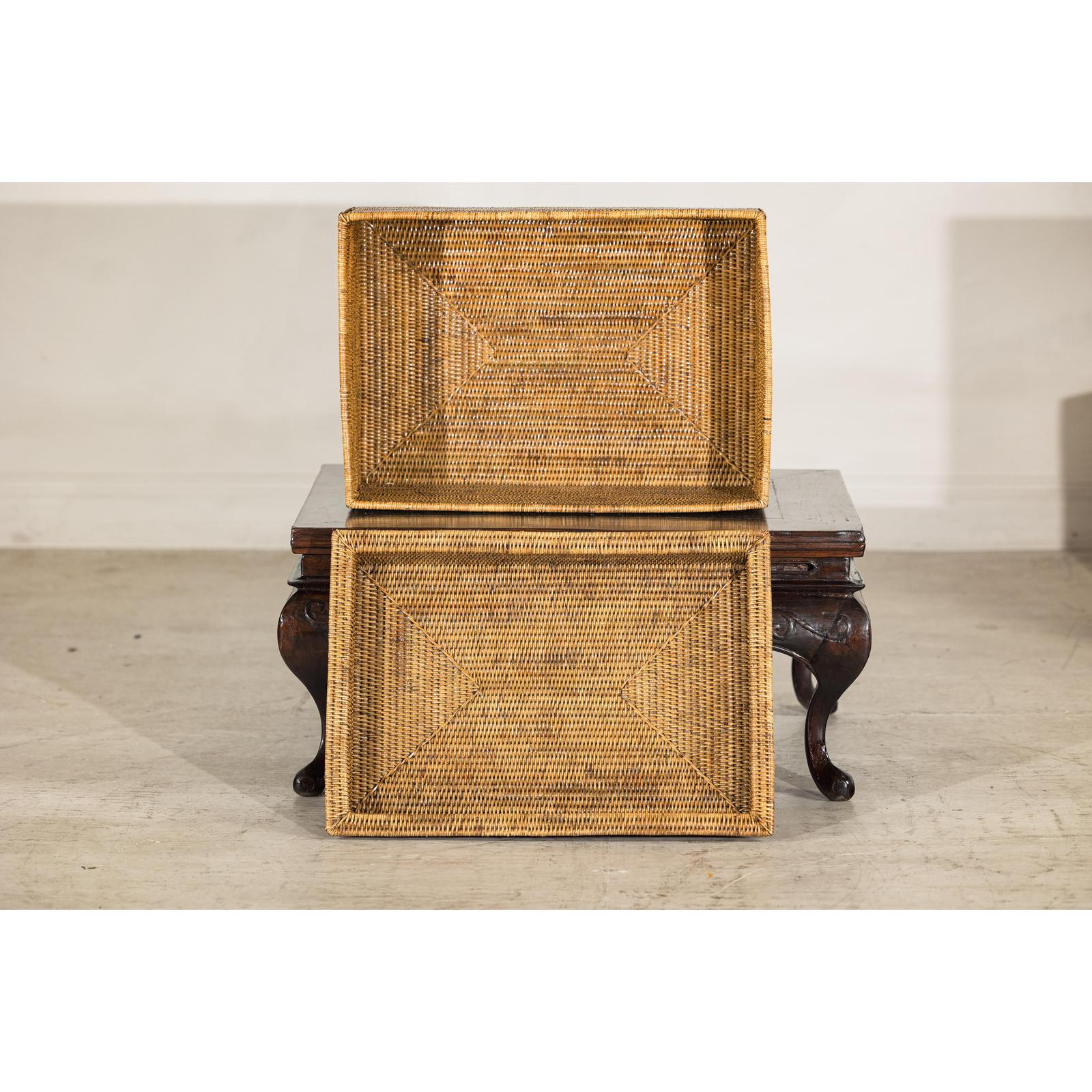 Country Style Long Rectangular Rattan Storage Box with Lid