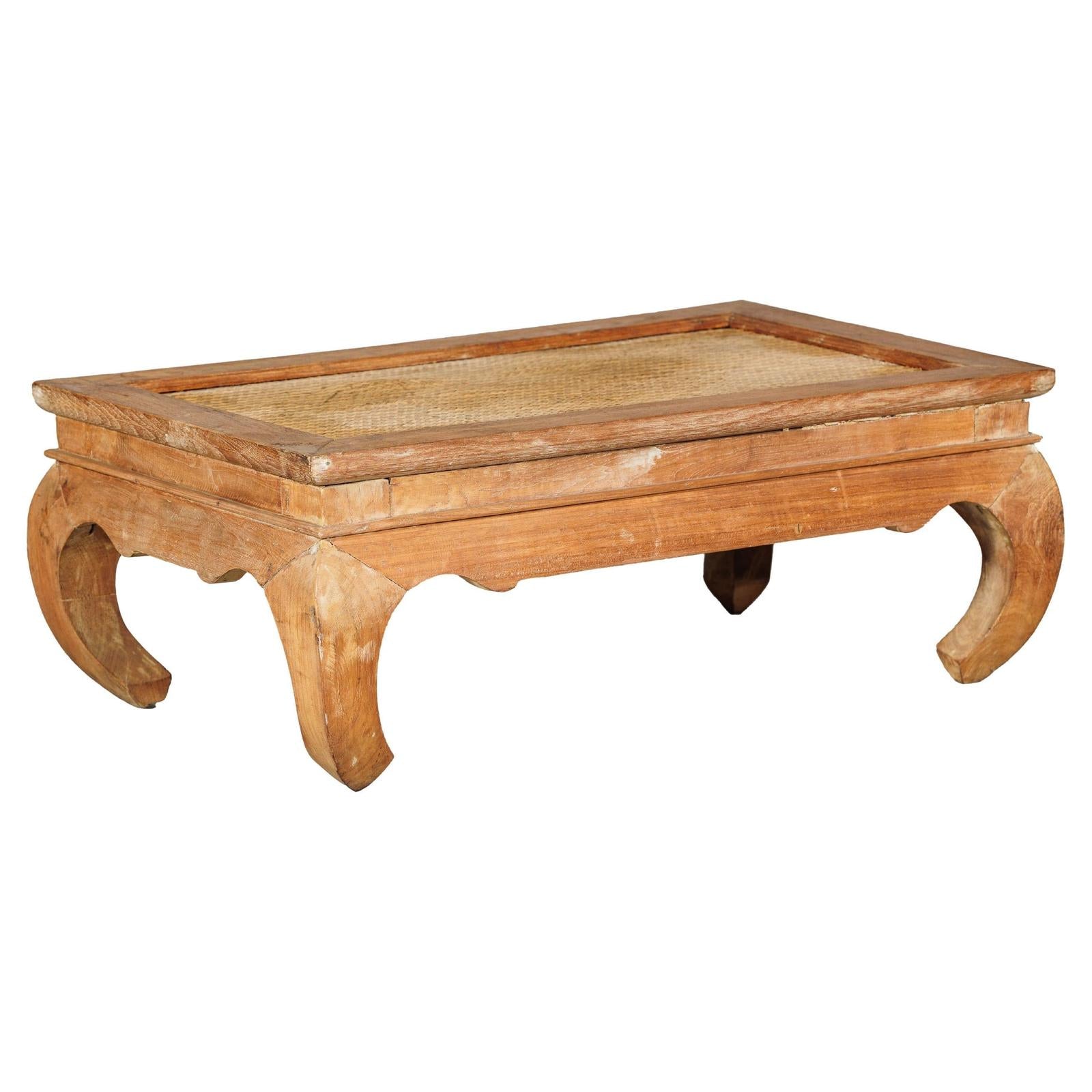 Country Style Low Wood Coffee Table with Woven Mat Top and Curved Legs-1. Asian & Chinese Furniture, Art, Antiques, Vintage Home Décor for sale at FEA Home