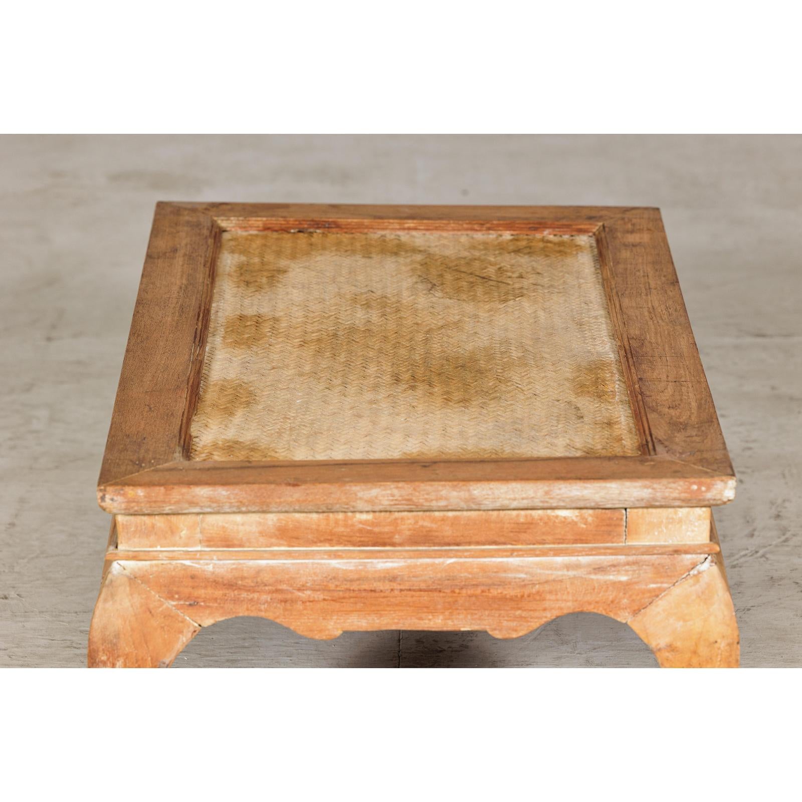 Country Style Low Wood Coffee Table with Woven Mat Top and Curved Legs-10. Asian &amp; Chinese Furniture, Art, Antiques, Vintage Home Décor for sale at FEA Home