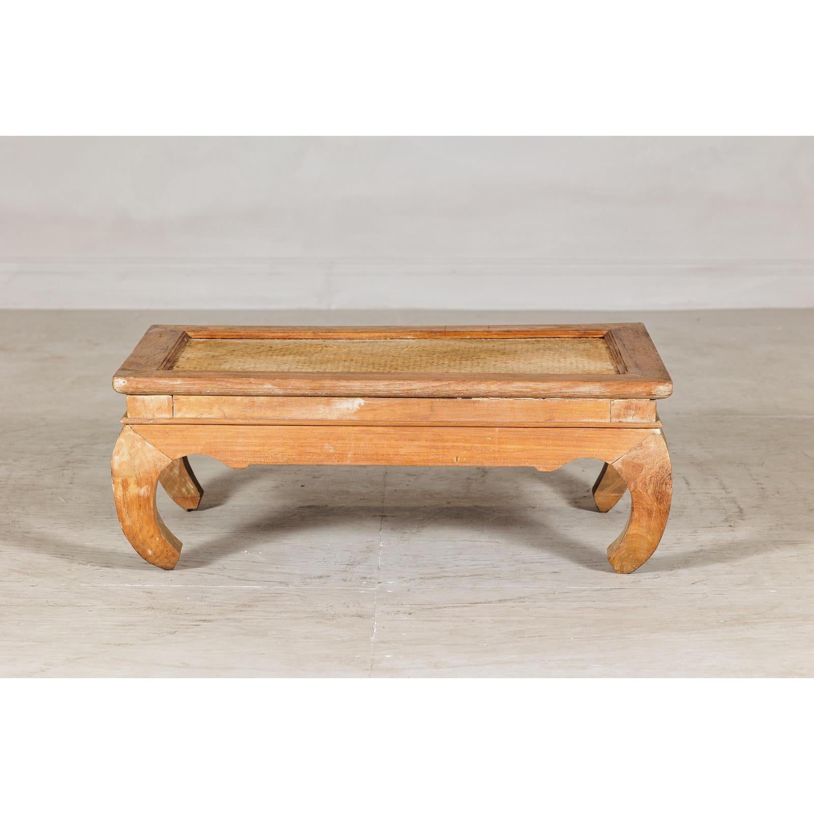Country Style Low Wood Coffee Table with Woven Mat Top and Curved Legs-11. Asian &amp; Chinese Furniture, Art, Antiques, Vintage Home Décor for sale at FEA Home