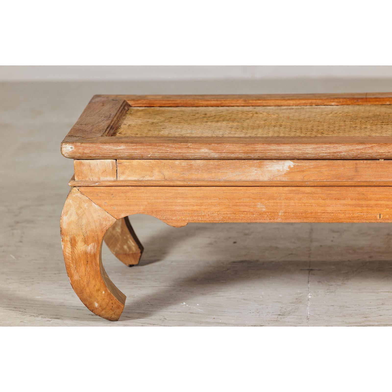 Country Style Low Wood Coffee Table with Woven Mat Top and Curved Legs-2. Asian & Chinese Furniture, Art, Antiques, Vintage Home Décor for sale at FEA Home