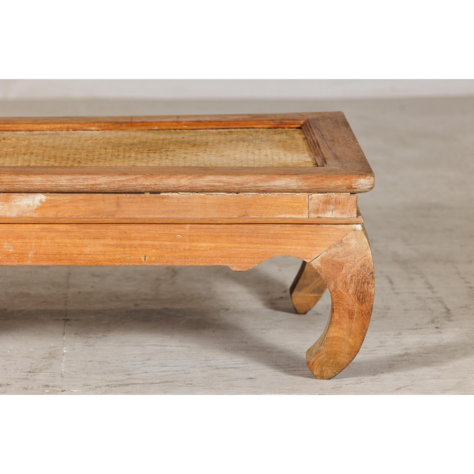 Country Style Low Wood Coffee Table with Woven Mat Top and Curved Legs-3. Asian &amp; Chinese Furniture, Art, Antiques, Vintage Home Décor for sale at FEA Home