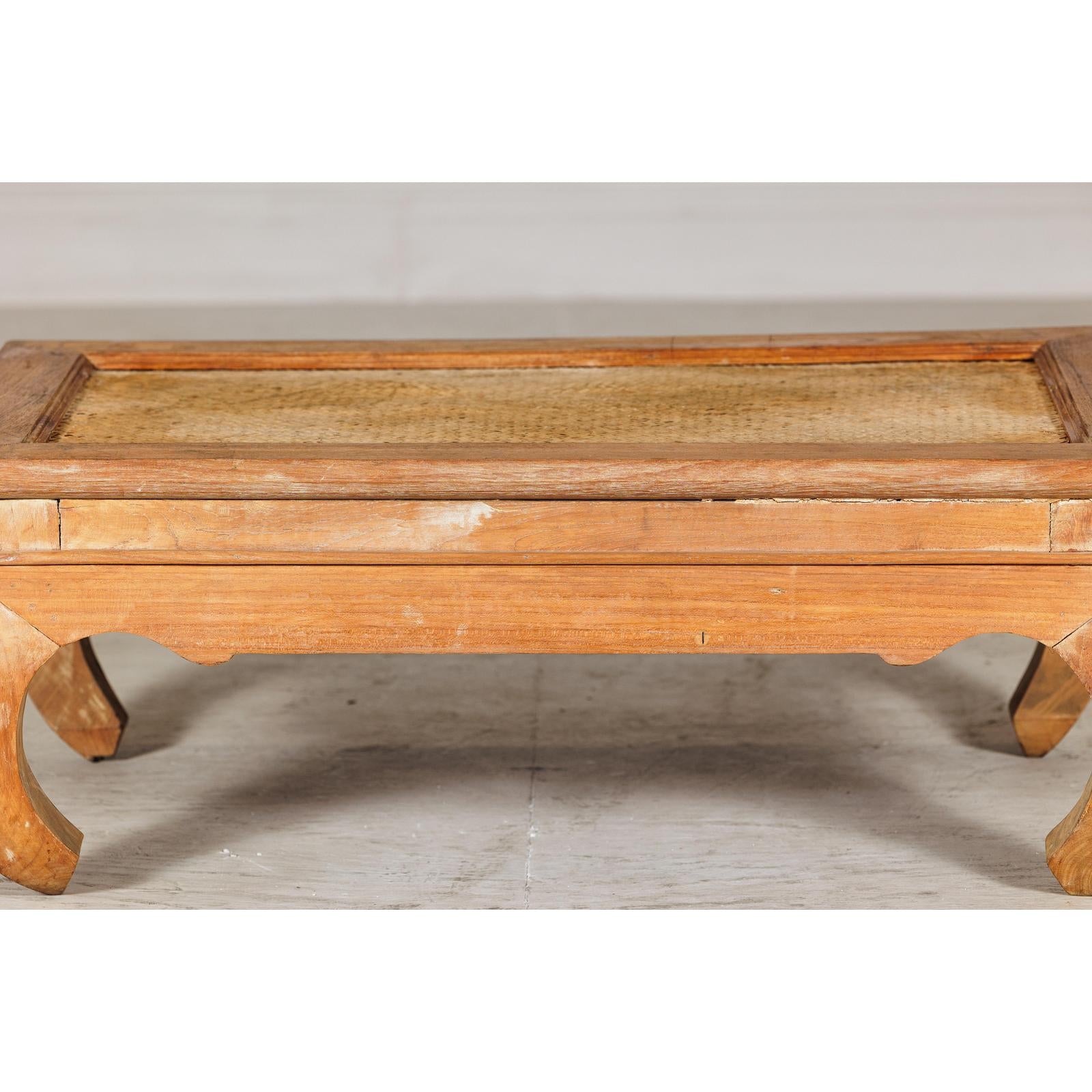 Country Style Low Wood Coffee Table with Woven Mat Top and Curved Legs-4. Asian &amp; Chinese Furniture, Art, Antiques, Vintage Home Décor for sale at FEA Home