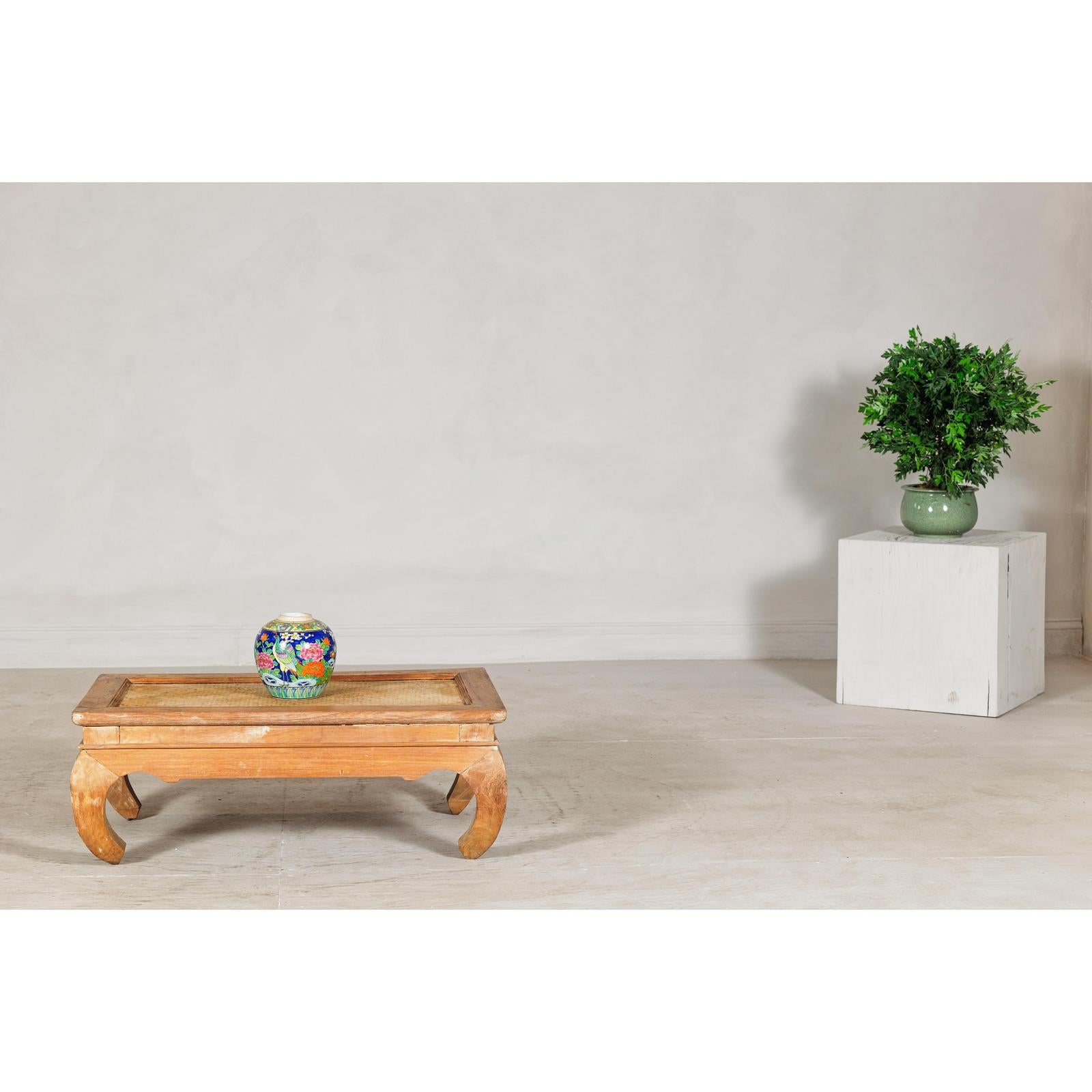 Country Style Low Wood Coffee Table with Woven Mat Top and Curved Legs-5. Asian &amp; Chinese Furniture, Art, Antiques, Vintage Home Décor for sale at FEA Home
